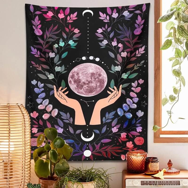 Moon in Hands Wall Tapestry - Boho Celestial Decor for Bedroom, Living Room & Dorm - Perfect for Meditation Spaces & Hippie Aesthetic