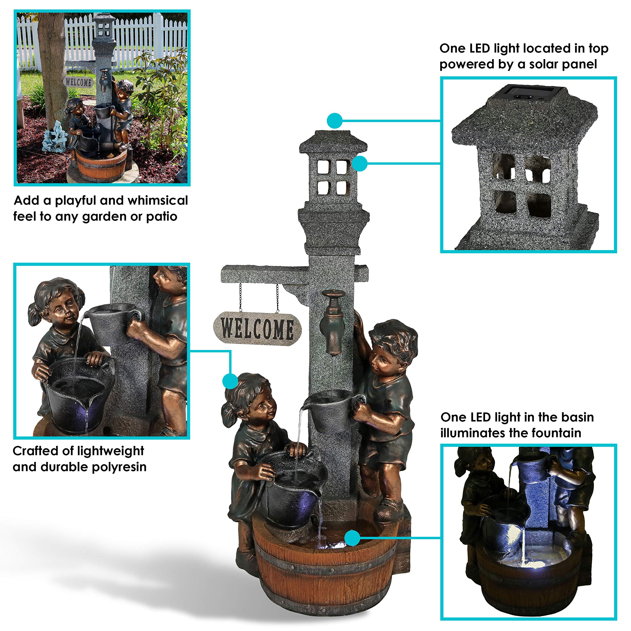 40-Inch LED Outdoor Water Fountain for Kids - Sunnydaze Garden Water Feature with Faucet for Patio, Yard & Balcony | Perfect for Children's Play Area & Backyard Decor
