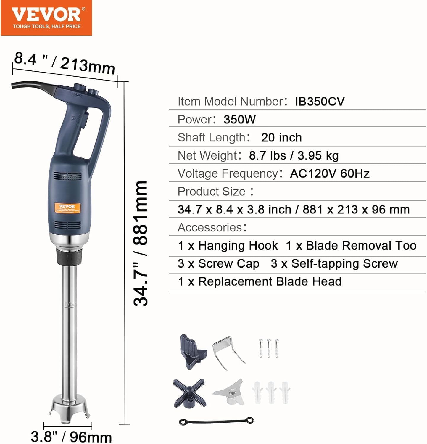 VEVOR 350W Commercial Immersion Blender - Heavy Duty Hand Mixer with 19.7