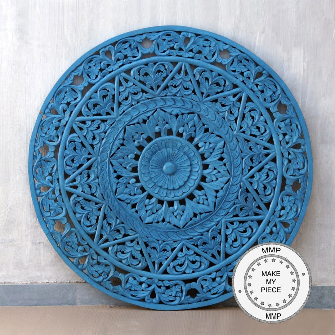 Hand Carved Indian Solid Wood Round Wall Decor - Blue Decorative Panel for Living Room, Bedroom & Home Interior Design