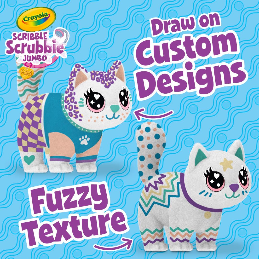 Crayola Scribble Scrubbie Jumbo - 6 Inch Large Posable Animal Toy Cat for Kids, Washable & Reusable Pet Grooming Playset - Perfect Gift for Boys & Girls | Bath Time, Pretend Play & Creative Learning Activity