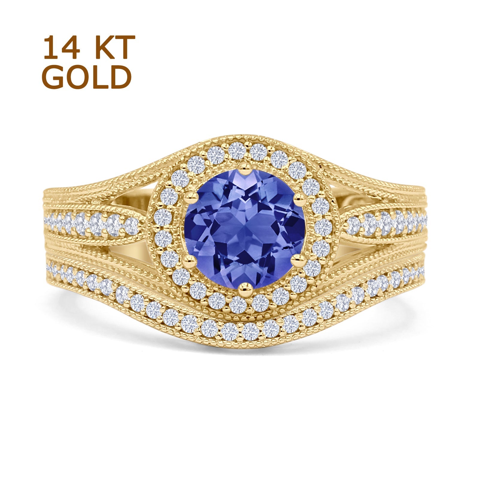 14K Yellow Gold Two-Piece Round Halo Split Shank Tanzanite & CZ Engagement Ring Set - Perfect for Weddings, Anniversaries, and Special Occasions