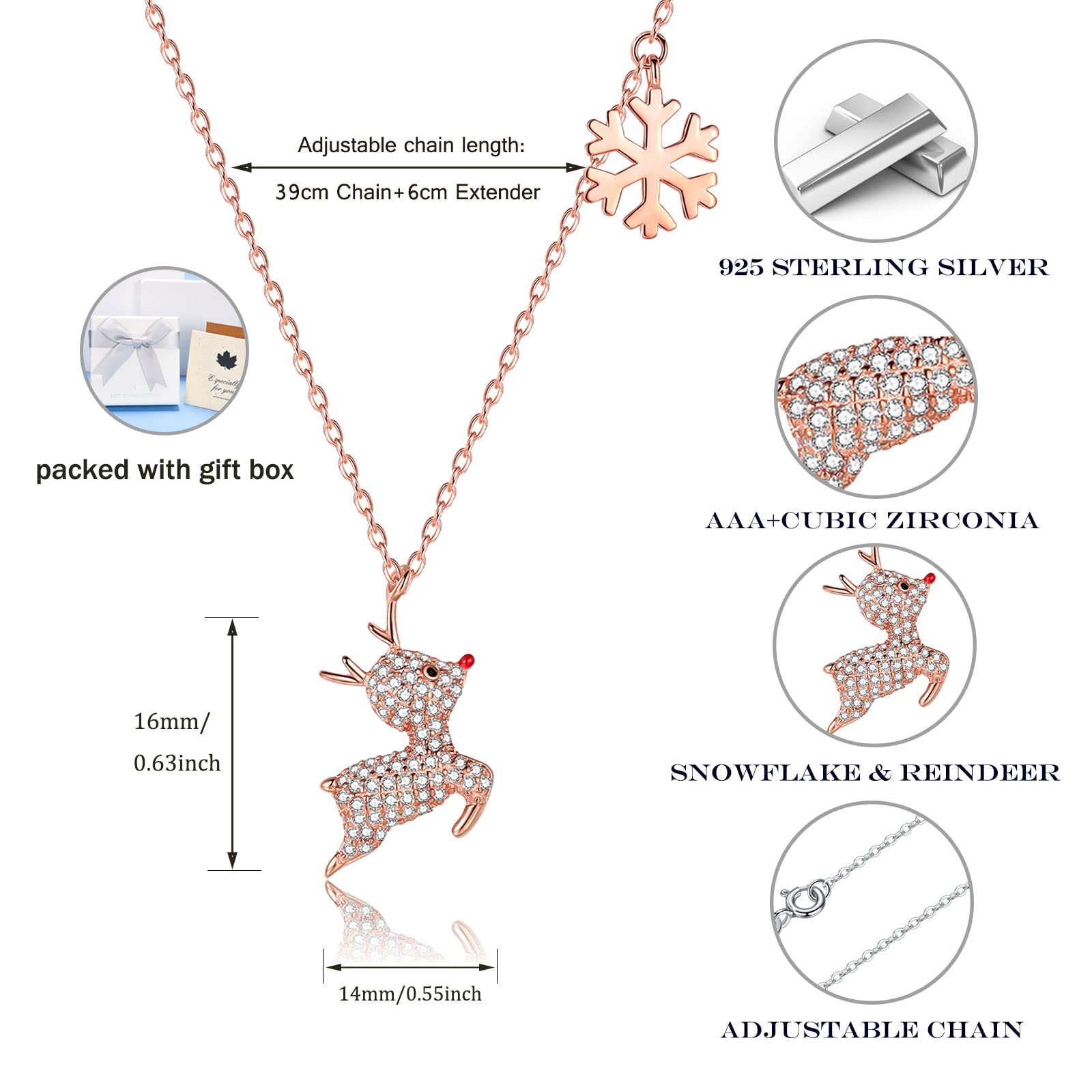 925 Sterling Silver Snowflake Reindeer Pendant Necklace with Cubic Zirconia | Christmas Birthday Thanksgiving Gift for Women & Girls | Elegant Deer Antler Charm Jewelry for Holiday Parties & Special Occasions