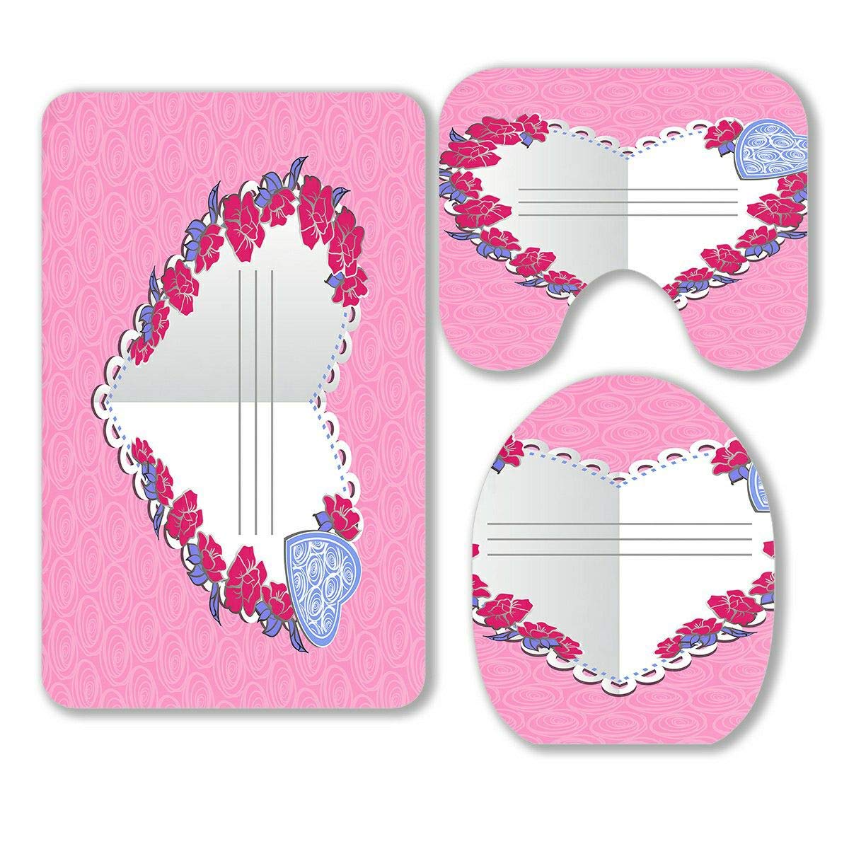 ECZJNT 3-Piece Valentine's Day Bathroom Rug Set - Pink Rose Heart Design, Non-Slip Bath Mat, Contour Rug & Toilet Lid Cover for Romantic Home Decor | Perfect for Valentine's Gift, Anniversary Present & Bathroom Upgrade