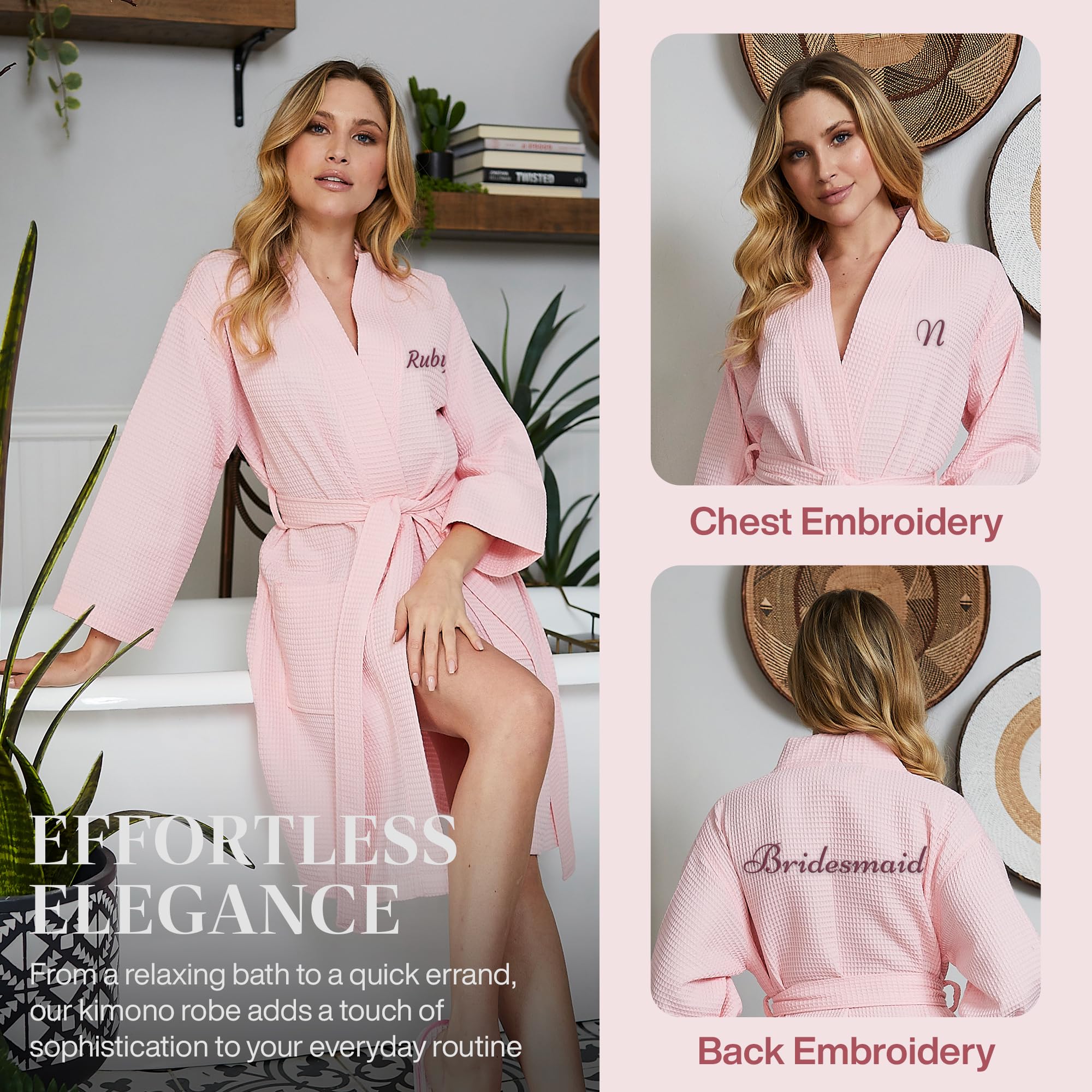 Lotus Linen Women's Lightweight Waffle Kimono Robe - Soft Cotton Spa Bathrobe for Bridesmaids, Bridal Shower & Bachelorette Party - Knee Length Lounge Robe for Relaxation & Self Care