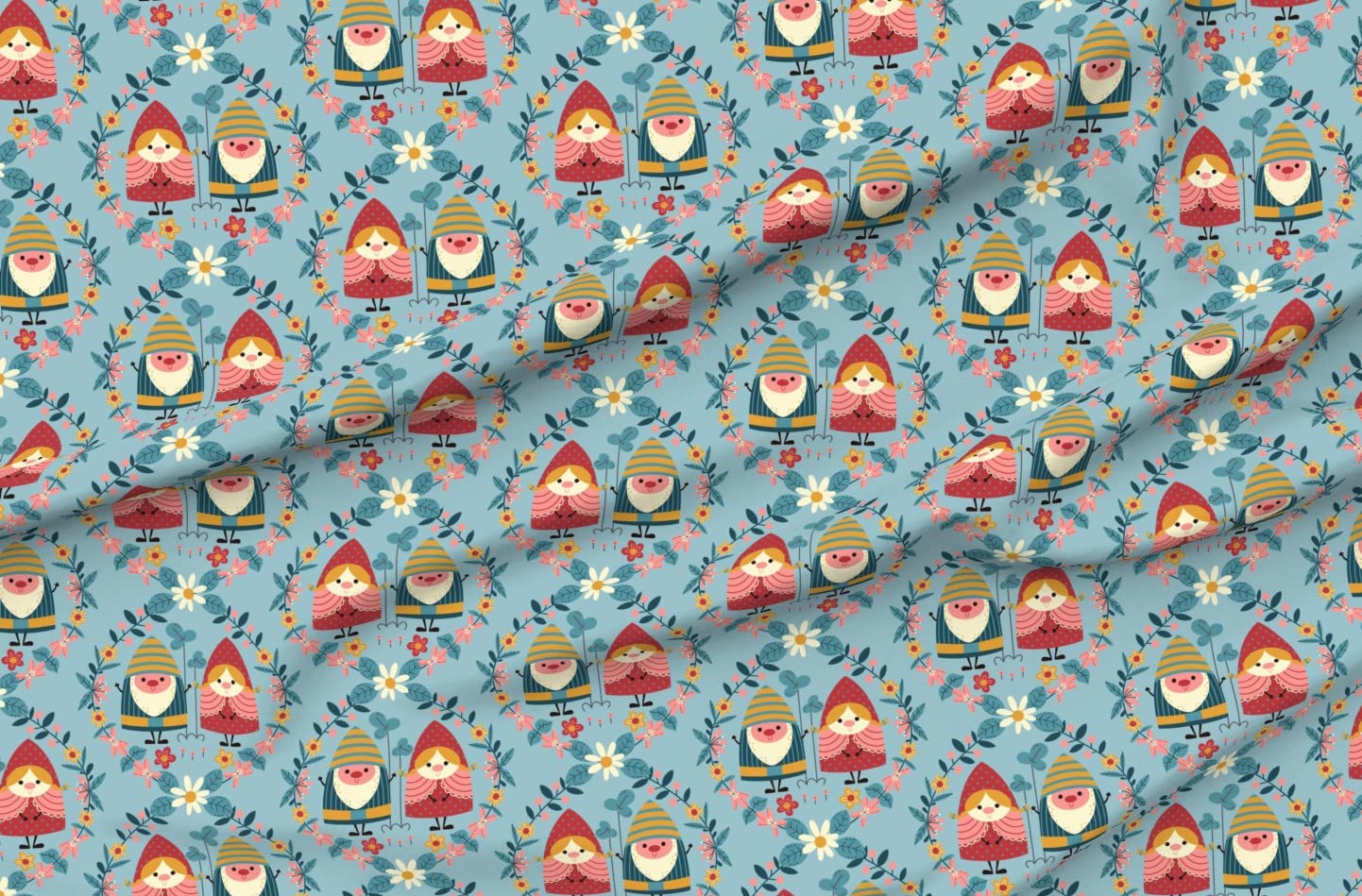 Gnomes Garden Bloom Teal Fantasy Spring Blossom Printed Cotton Fabric - Fat Quarter for Sewing, Quilting, Apparel & Home Decor | Perfect for DIY Crafts, Pillows & Spring-Themed Projects
