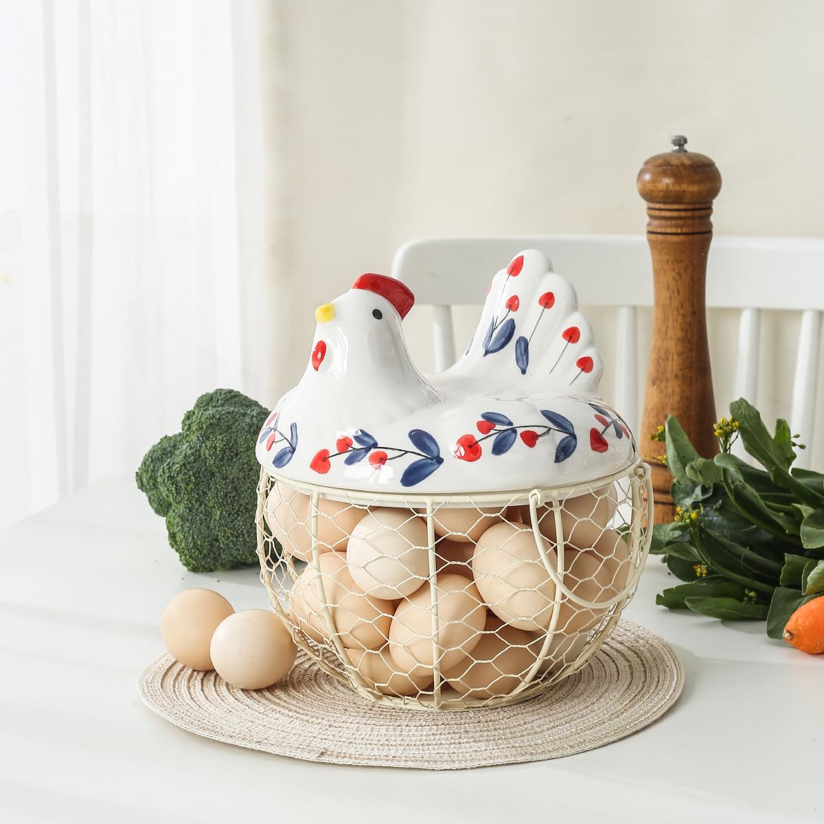 Ceramic Chicken Egg Holder with Wire Basket - Decorative Countertop Egg Storage for 2 Dozen Eggs - Perfect for Farmhouse Kitchens, Breakfast Buffets & Fresh Egg Display