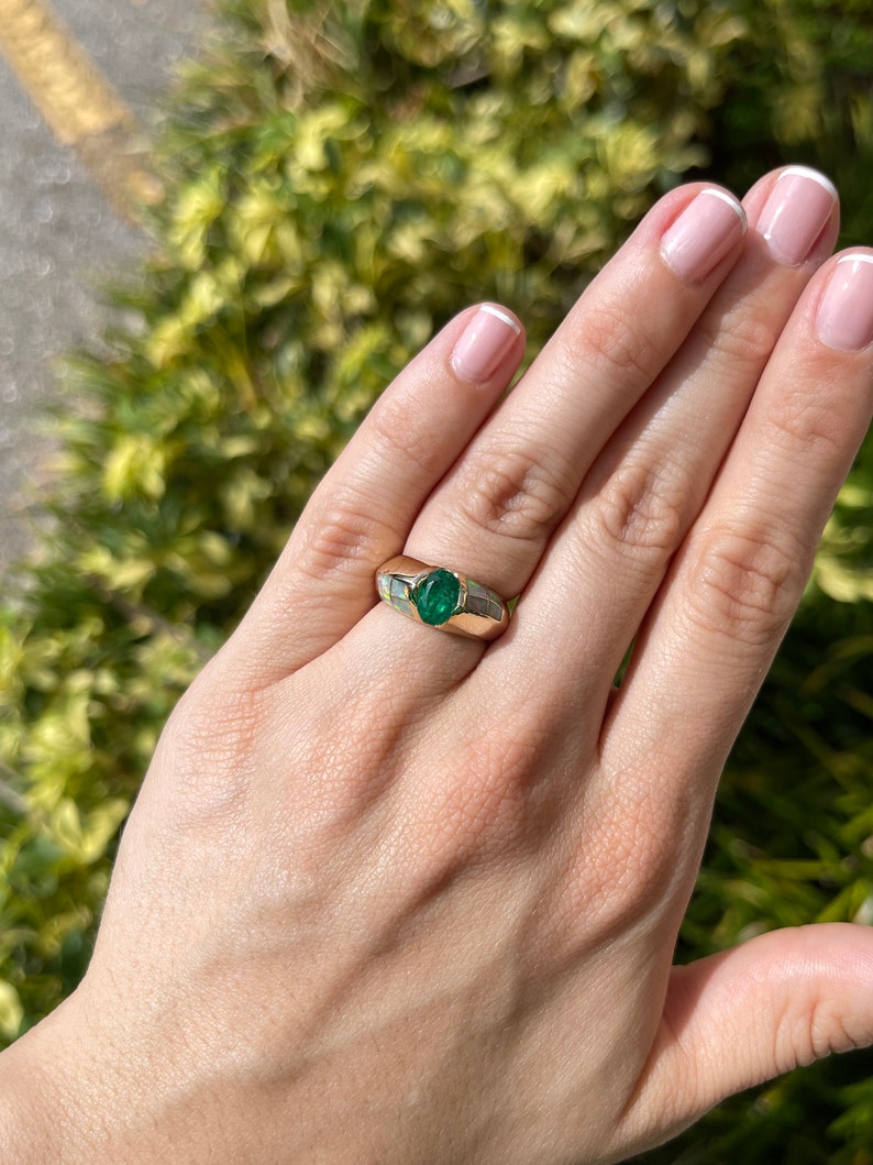 1.05ct 14K Gold Natural Green Oval Emerald & Opal Accent Statement Men's Ring for Wedding, Engagement & Special Occasions - Luxury Jewelry Gift for Him
