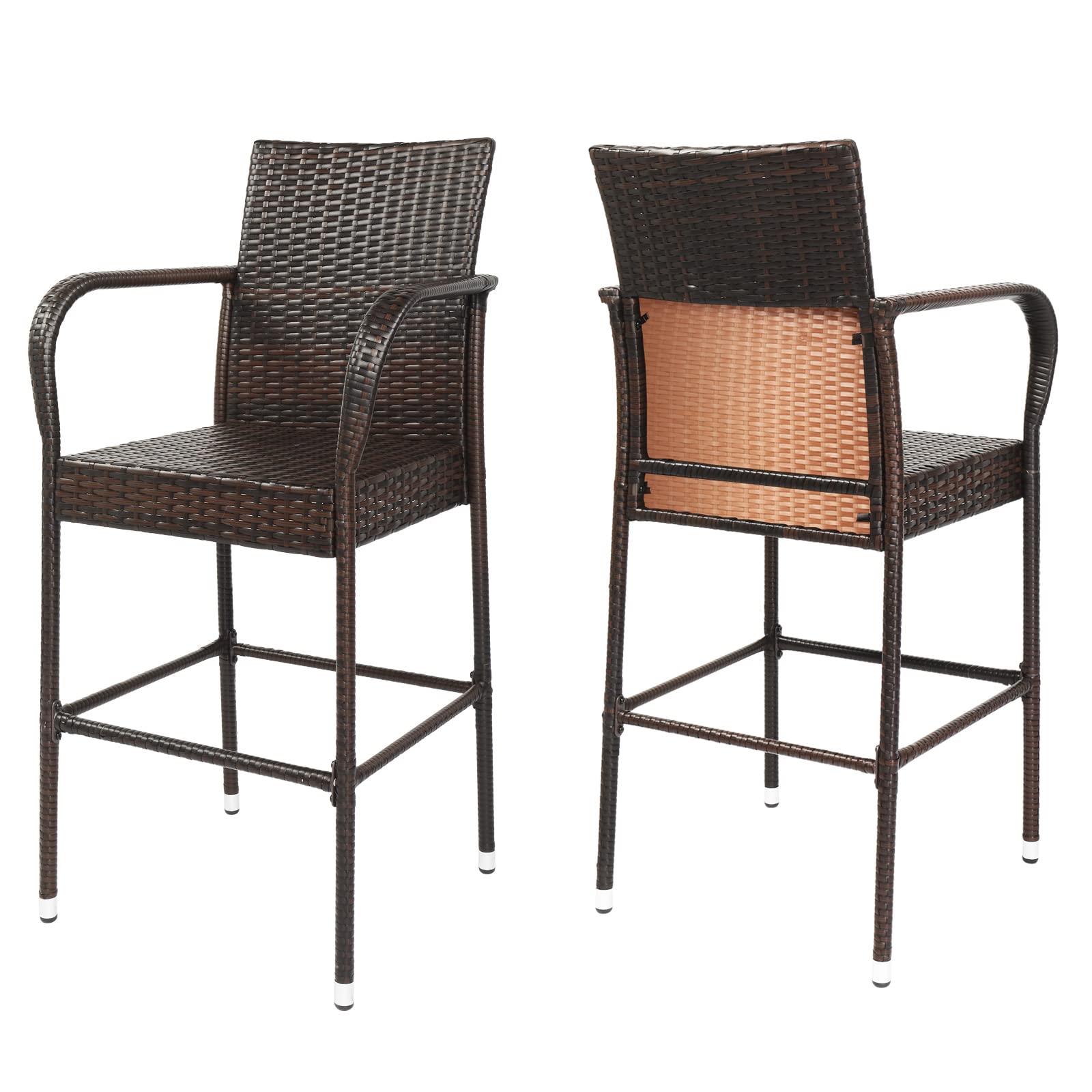 **Weather-Resistant Patio Rattan Bar Stools Set of 2 - All-Weather Wicker Counter Height Bar Chairs with Footrest & Armrest for Outdoor, Garden, Pool, Lawn & Backyard - Perfect for Entertaining, Lounging & Dining Al Fresco**