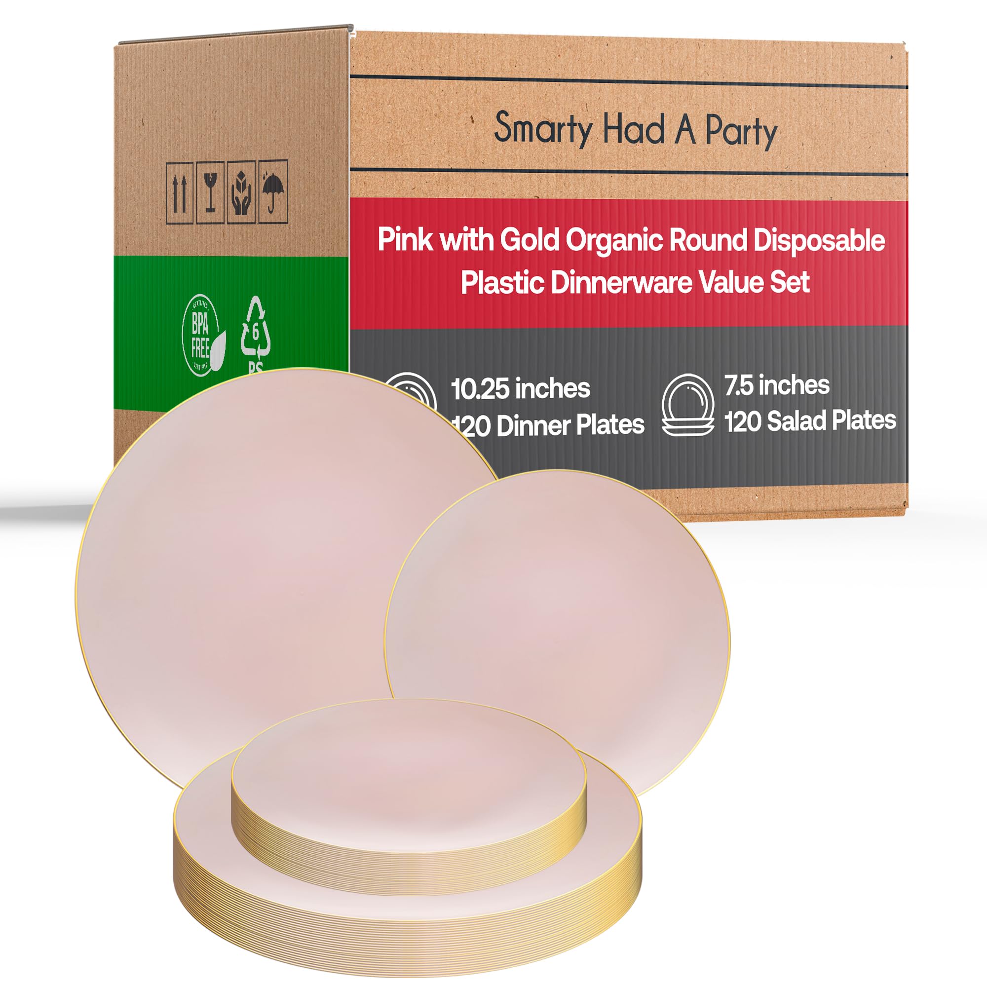 Eco-Friendly Disposable Plastic Plates with Elegant Rim Design - Bulk Round Dinnerware Set for Wedding, Birthday Party, Picnic & Special Events (Pink & Gold, 120-Piece Combo) - Perfect for Outdoor Gatherings, Catering & Home Entertaining