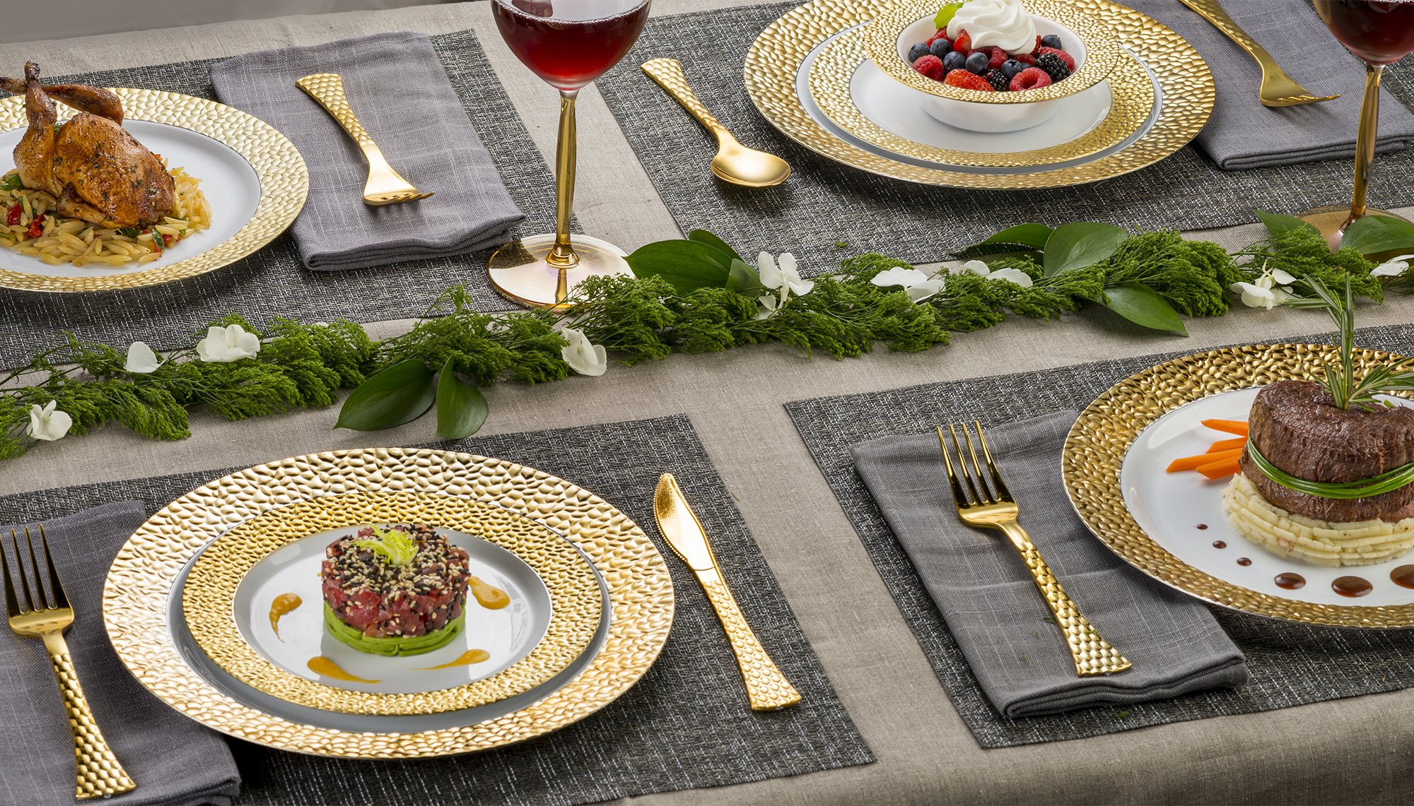 Laura Stein Designer 32-Piece Premium Plastic Dinnerware Set - White & Gold Rim Wedding/Party Plates (16 Dinner Plates 10.75