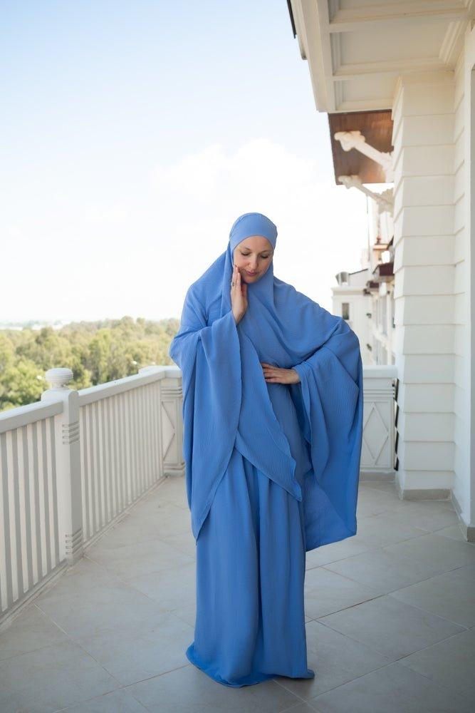 Blue Calinia Prayer Gown Two Piece Set Khimar for Omrah - Islamic Modest Dress for Women, Hajj & Umrah Prayer Outfit - Perfect for Mosque, Religious Ceremonies & Daily Worship