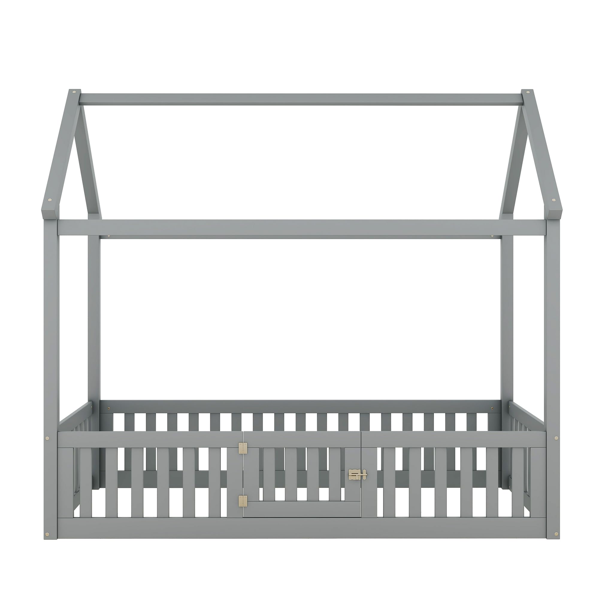 Montessori Twin Size Wooden Floor Bed with Fence & Door - Playhouse Style Bed Frame for Kids, Teens, Boys & Girls (Gray) - Perfect for Playrooms, Bedrooms & Montessori Learning Spaces