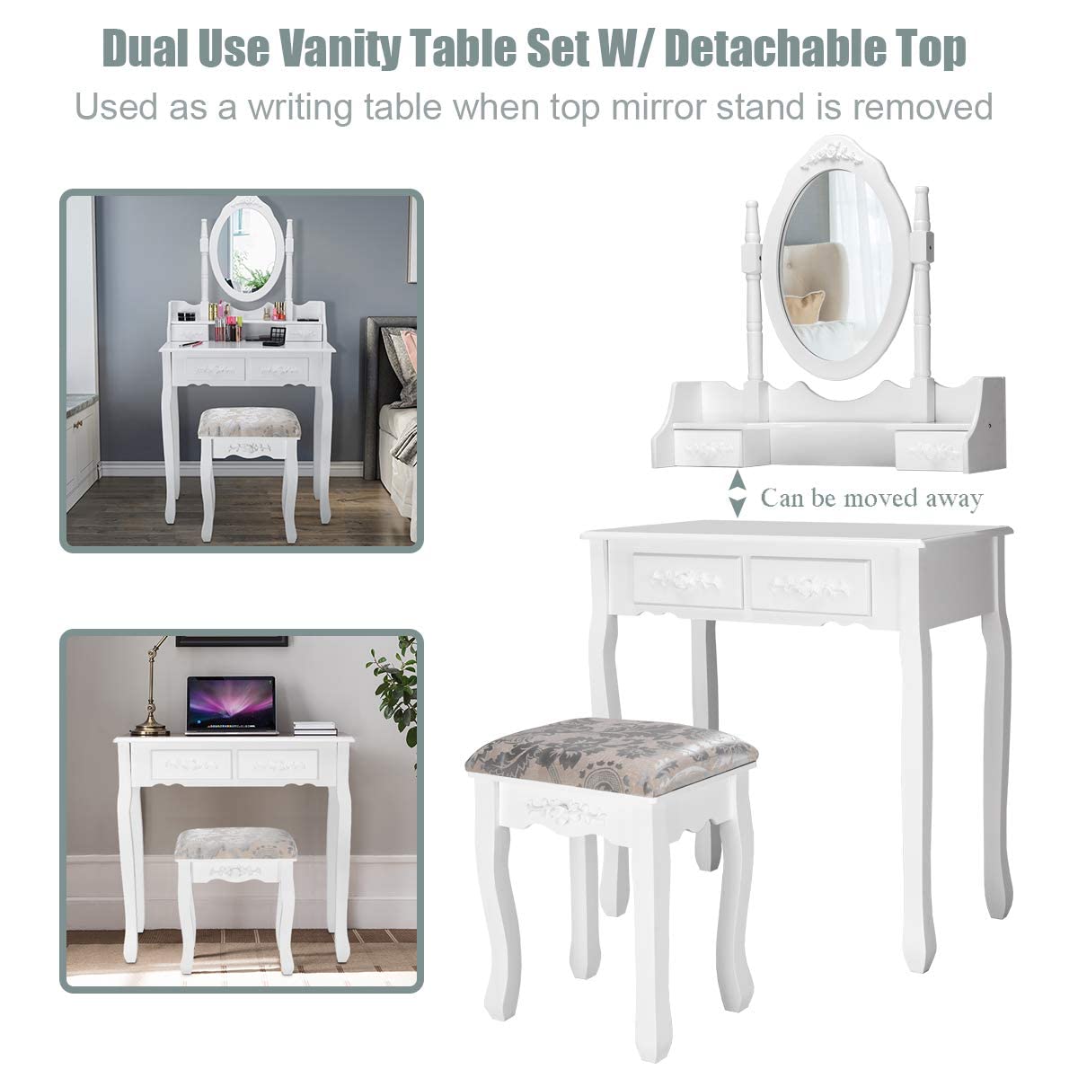 MAT EXPERT White Vanity Table Set with 360° Rotatable Mirror - Multifunctional Dressing Table with Cushioned Stool, Makeup Organizer Dresser with Mirror & 4 Drawers - Modern Bedroom Vanity Set for Makeup, Skincare & Jewelry Organization (Perfect for Small Spaces & Home Decor)
