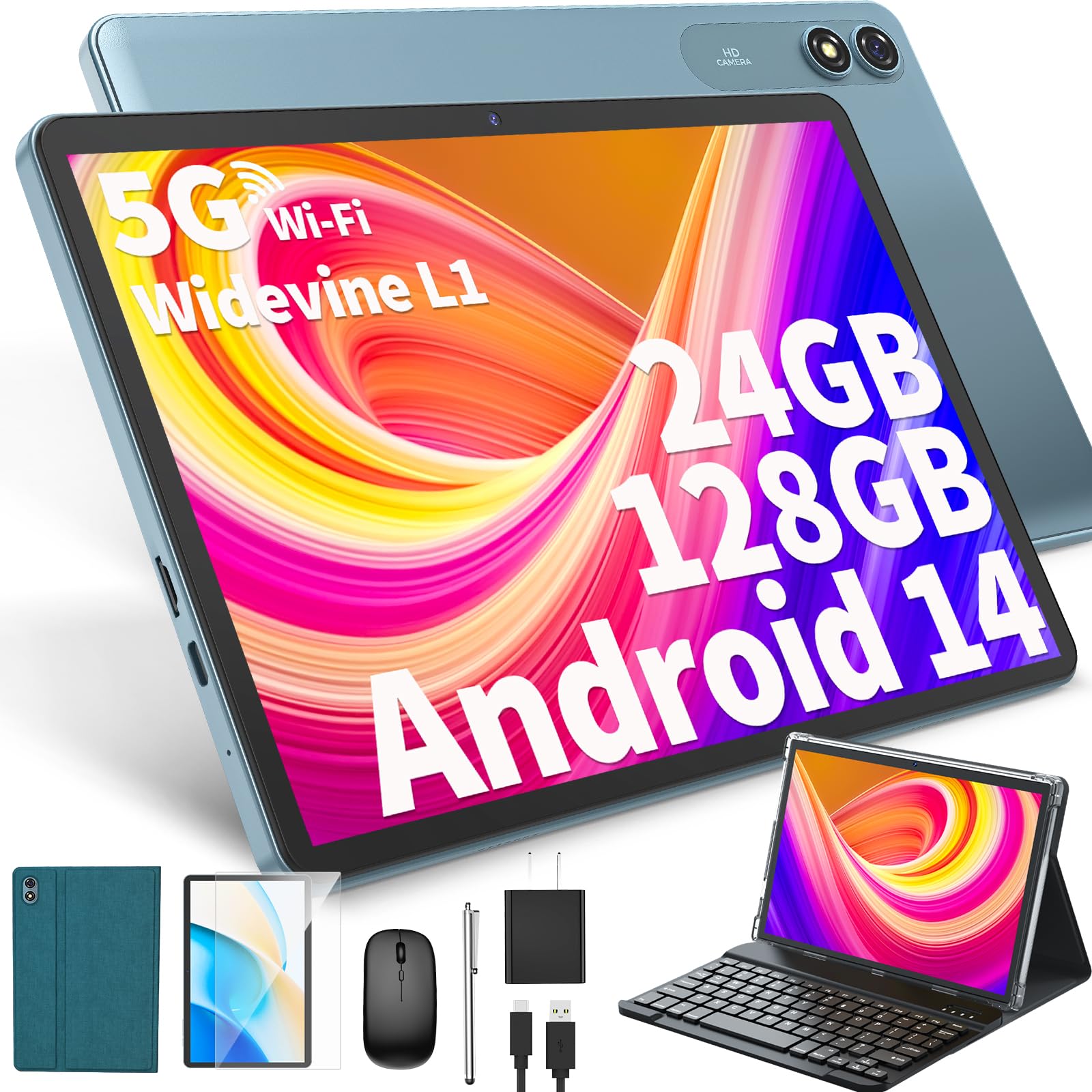 **10 Inch Android 14 Tablet with Keyboard – 24GB RAM + 128GB Storage (1TB Expandable), 8-Core CPU, 8000mAh Battery, 5G WiFi, Widevine L1, GMS Certified – 2-in-1 Laptop & Tablet with Mouse & Stylus (Green) – Perfect for Work, Study, and Entertainment**