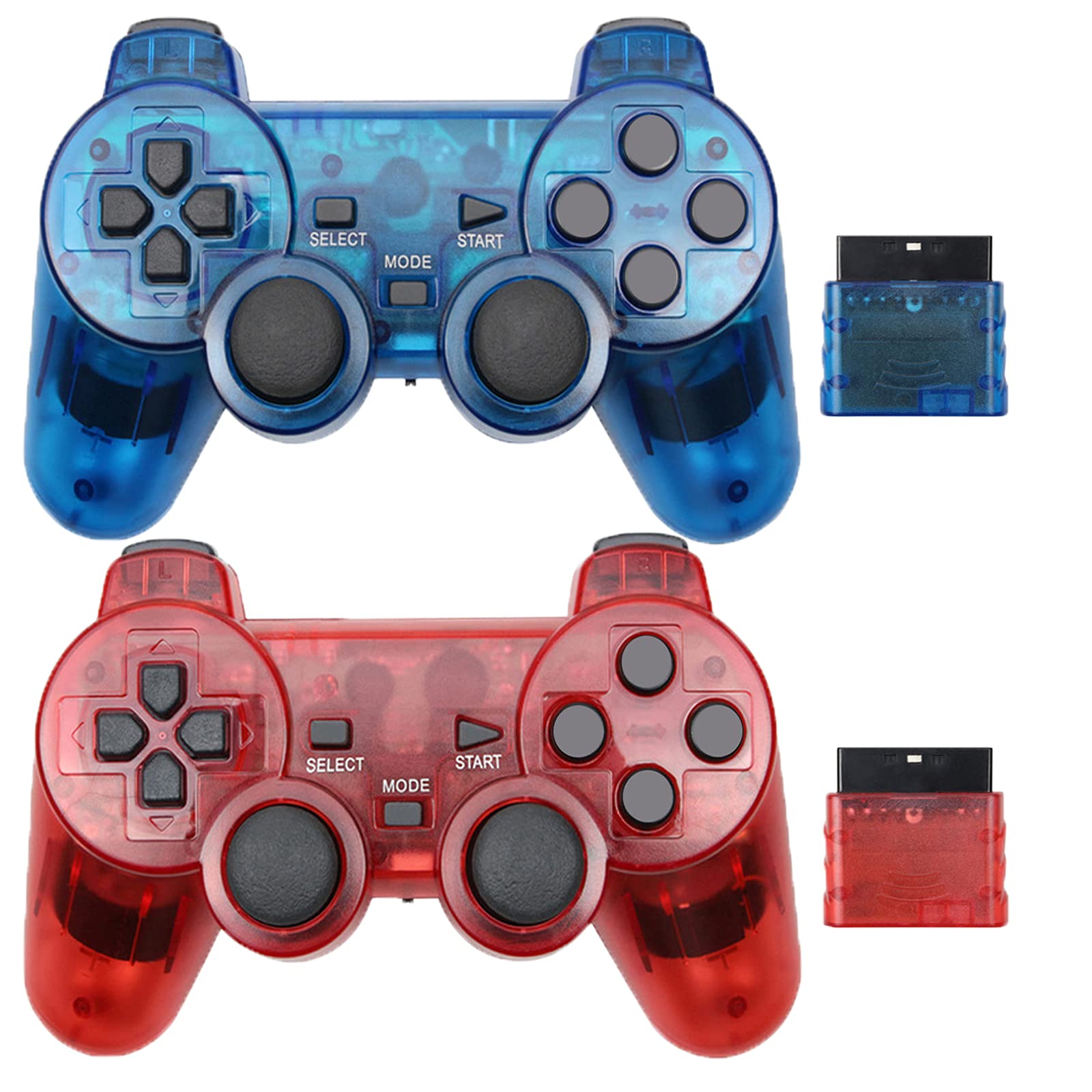 Wireless PS2 Controller with Dual Vibration - 2.4G Gamepad Joystick Compatible with Playstation 2 Console - Includes Wireless Receiver (2 Pack, Clear Blue & Clear Red) - Perfect for Gaming Nights & Multiplayer Sessions
