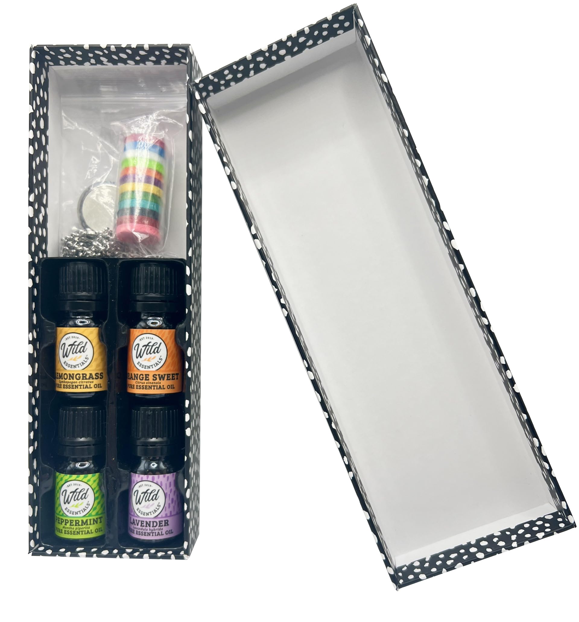 Wild Essentials Greek Key Necklace Essential Oil Diffuser Kit - 4 Aromatherapy Oils (Lavender, Lemongrass, Peppermint, Orange) with 12 Refill Pads | Calming Scented Jewelry Gift Set | Custom Color Changing | Perfect for Home, Office & Yoga Meditation