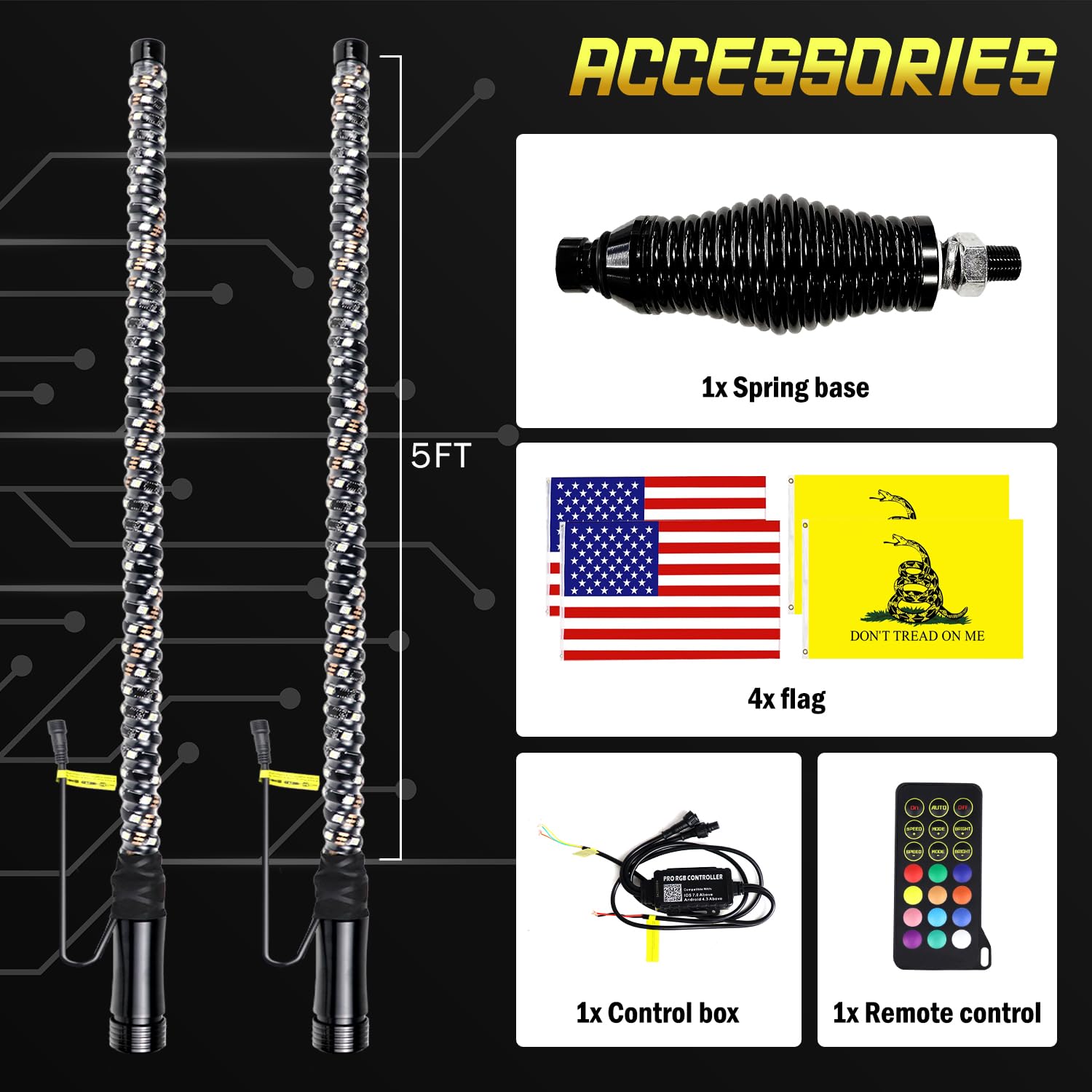 Super Bright RGB LED Whip Light - 5FT Colorful Chasing Light Bar with Spring Base, IP67 Waterproof, App & Remote Control for ATV, UTV, Boat, Truck - Perfect for Off-Road Adventures, Night Rides & Vehicle Customization