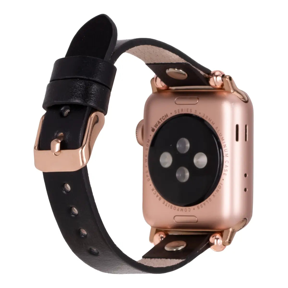 Slim Black Leather Apple Watch Band with Silver Rivet - Stylish & Durable Replacement Strap for Workout, Office & Everyday Wear