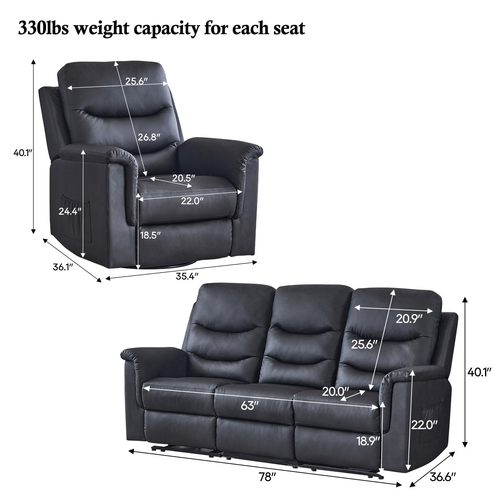 2-Piece Recliner Sofa Set with Swivel Rocker Chair - Manual Reclining Living Room Furniture for Home Theater, Family Room & Lounge Areas