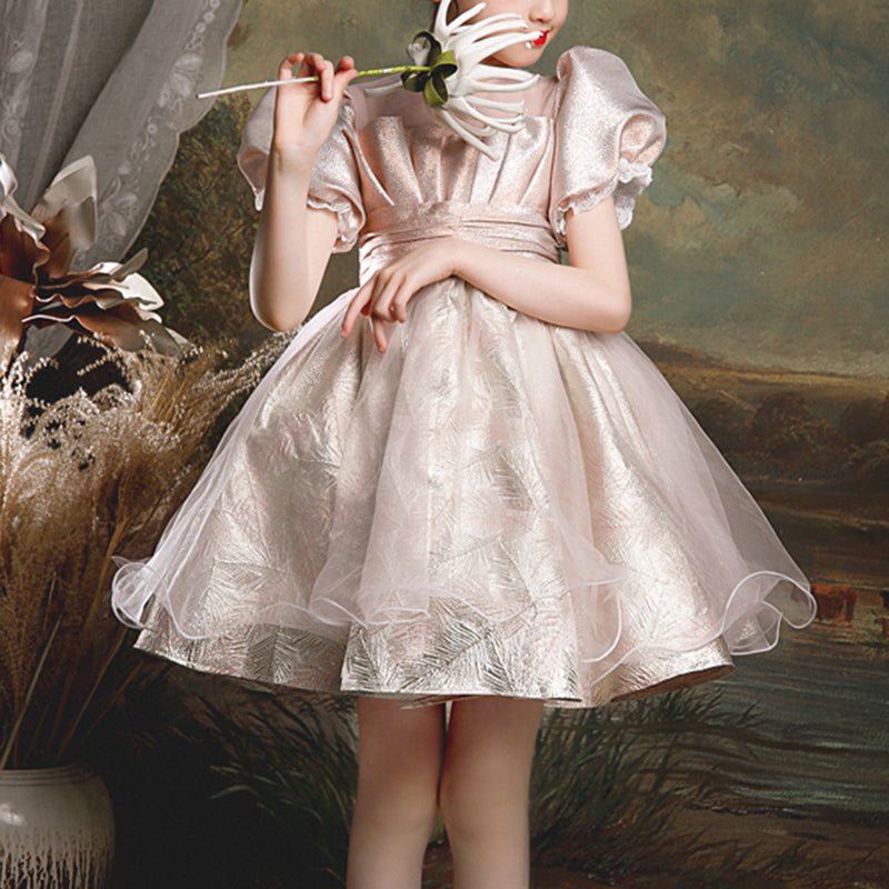 Elegant Champagne Princess Flower Girl Dress with Ruffles & Puff Sleeves - Perfect for Weddings, Baptisms & Special Occasions