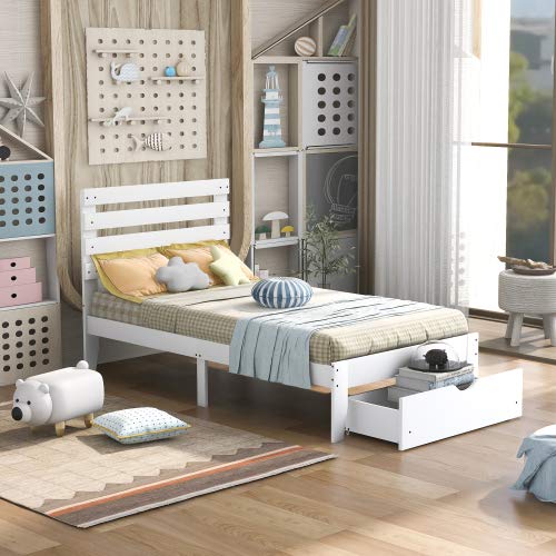 White Wooden Twin Bed Frame with Headboard, Footboard & Storage Drawers - Sturdy Platform Bed Mattress Foundation for Kids, Teens & Guest Rooms