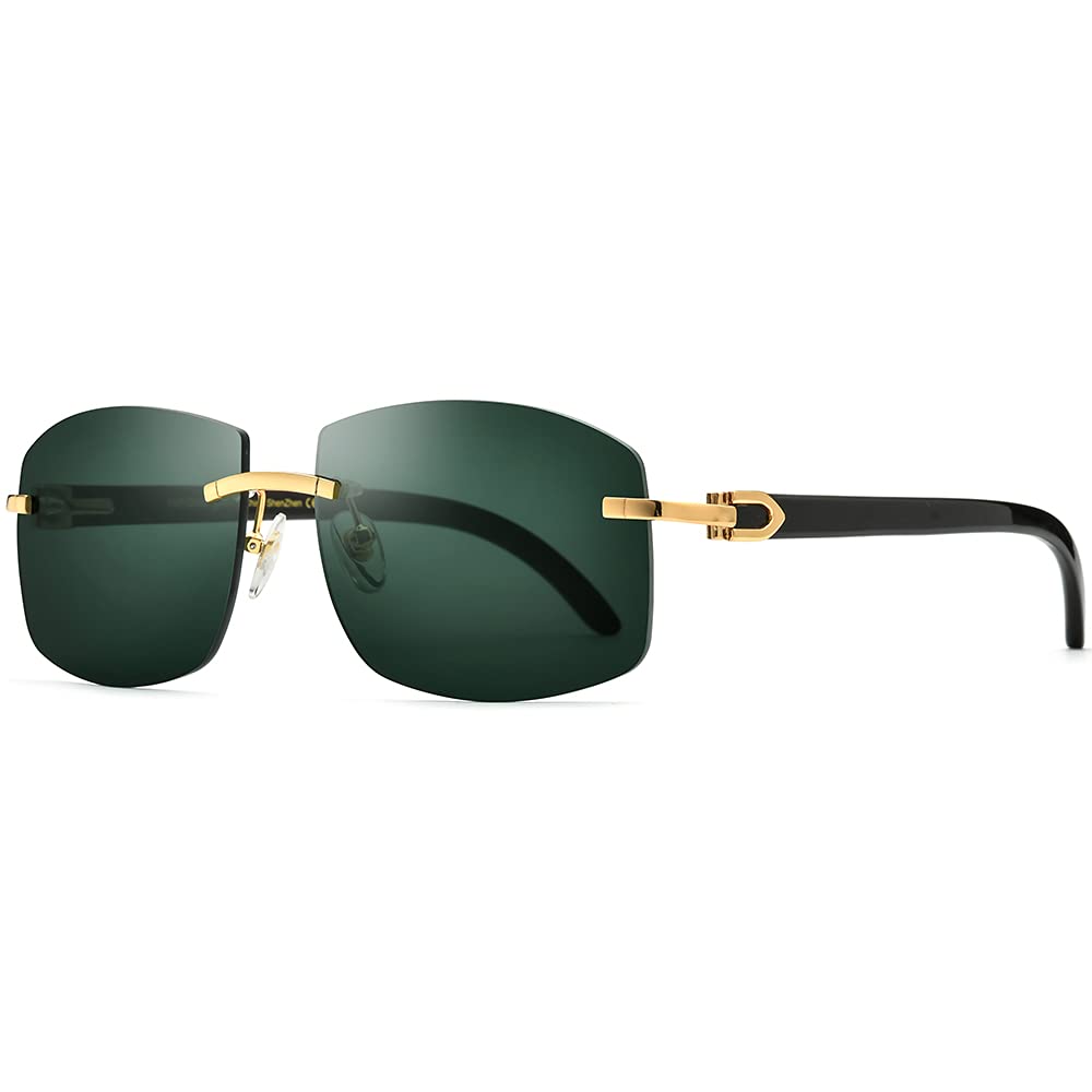 Authentic 100% Buffalo Horn Sunglasses for Men - Rimless Square Frame UV Protection - Stylish & Durable for Outdoor Activities, Driving & Fashion