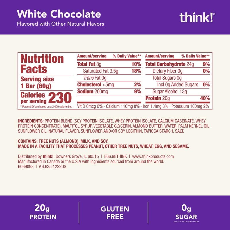 Think! Protein Bars - High Protein Snacks, Gluten Free, Kosher Friendly, White Chocolate Nutrition Bars, 2.1 Oz (10 Count) - Perfect for Workout Recovery, Office Snacks & Healthy On-the-Go Energy