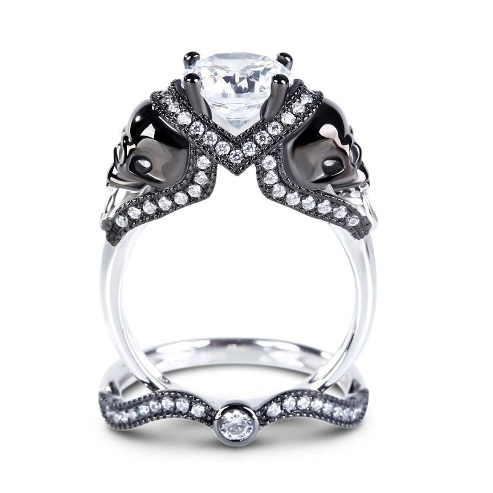 Jeulia 4.97 Carat Twist Skull Ring for Women - Sterling Silver Two Tone Round Cut Band with White Diamonds - Gothic Bridal, Engagement & Promise Ring Set in Jewelry Gift Box - Perfect for Halloween, Gothic Weddings & Alternative Fashion