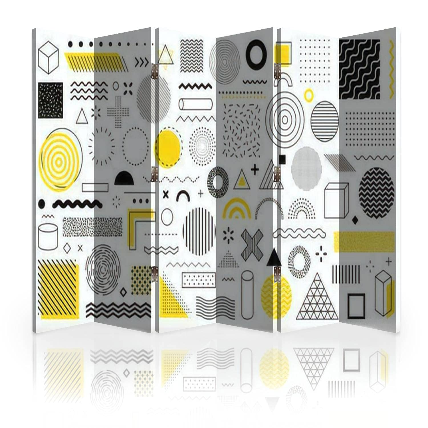 6-Panel Canvas Room Divider Screen - Geometric Shapes Memphis Design Retro Folding Privacy Partition for Bedroom, Office & Living Room | Web Room Separator & Wall Dividers for Home Decor
