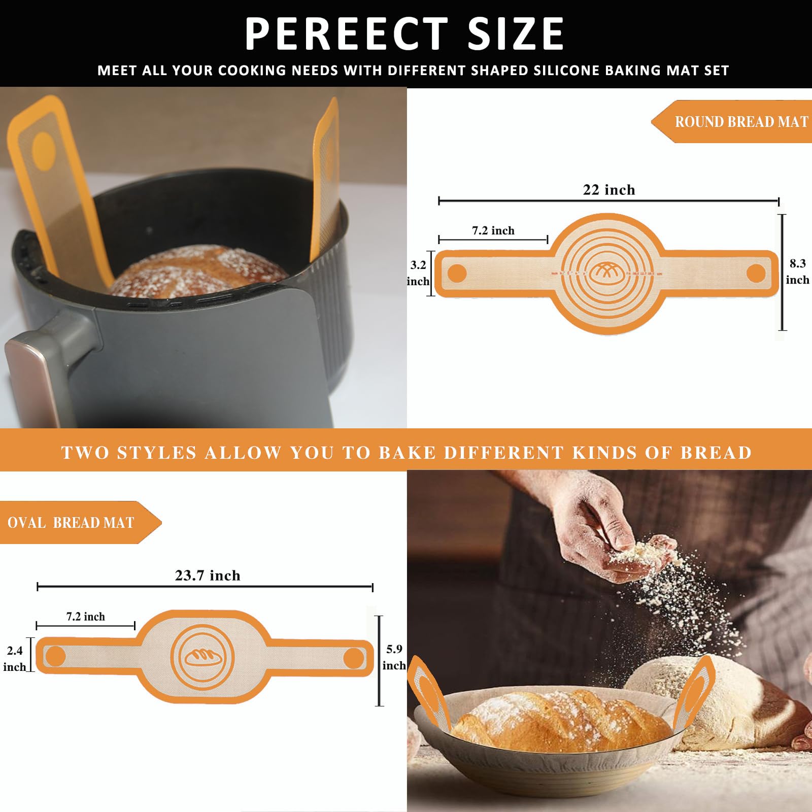 Non-Stick Silicone Bread Sling for Dutch Oven - Oval & Round Reusable Baking Mat with Long Handles - Perfect for Sourdough Bread Making & Artisan Baking - KITMAL Orange Bread Baking Supplies