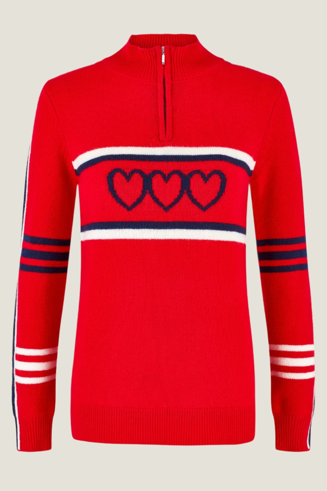 Premium Merino Wool Quarter Zip Sweater with Stripe Hearts Design - Red, Navy, Cream | Cozy Winter Wear for Outdoor Activities & Casual Fashion