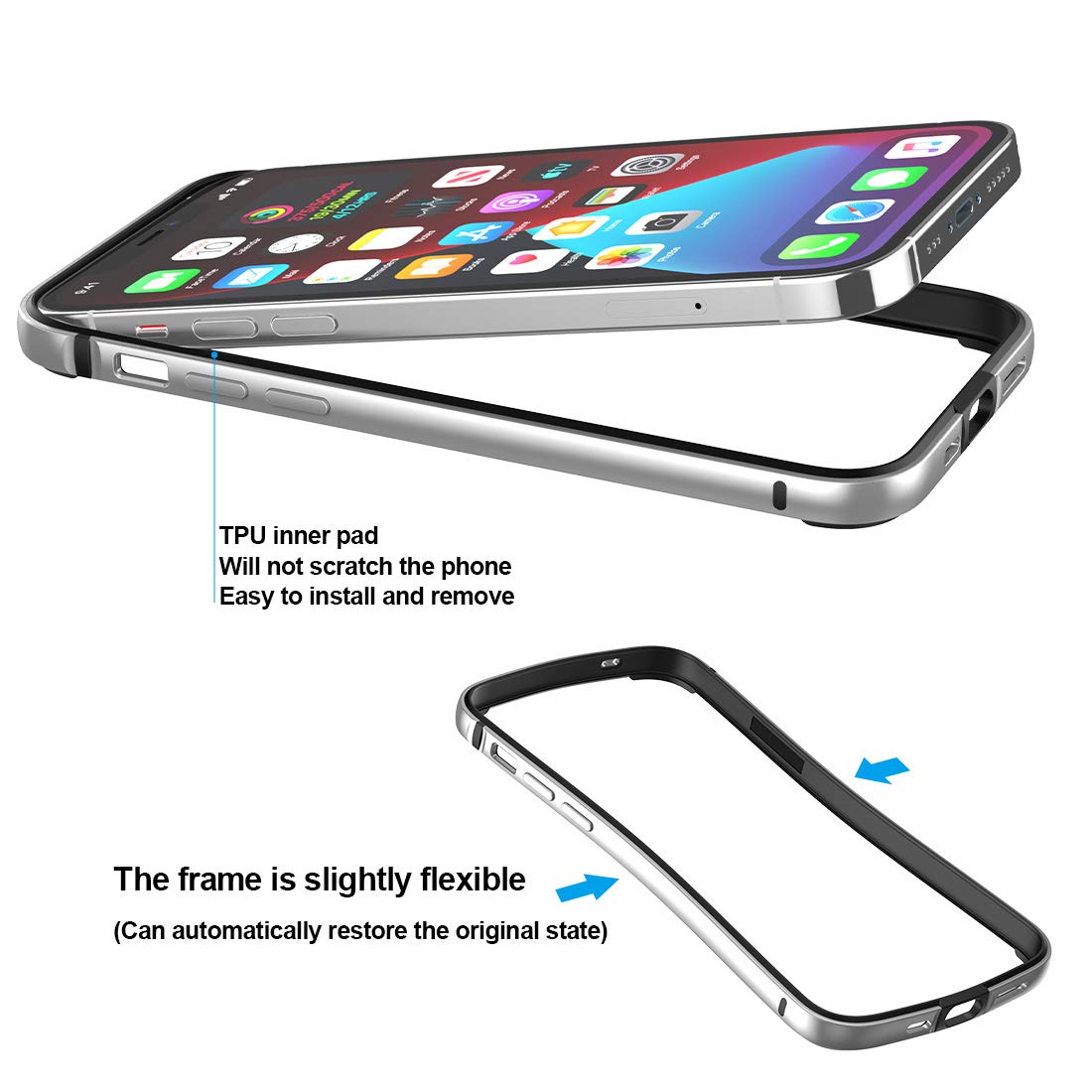 Slim Thin Metal Bumper Phone Case for iPhone 12 & 12 Pro - Shockproof TPU Inner Cover with Wireless Charging Support & No Signal Interference | Perfect for Daily Use, Travel & Outdoor Activities (Silver)