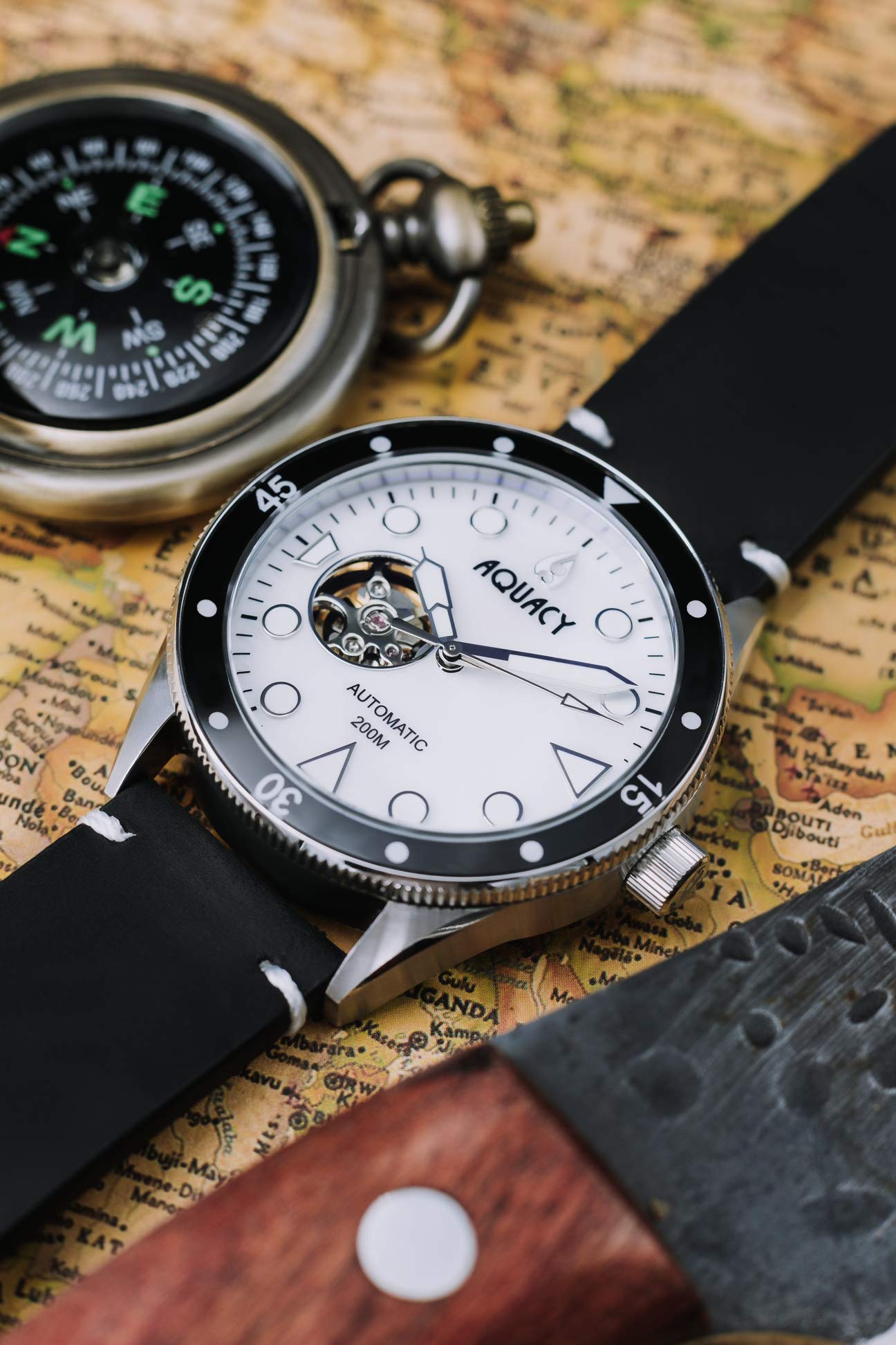 Aquacy HEI Matau Automatic Diver Watch for Men - Japanese Self-Winding Movement, 200m Water Resistant, White Mother of Pearl Dial with Open Heart Design - Perfect for Scuba Diving, Cave Exploration & Luxury Everyday Wear