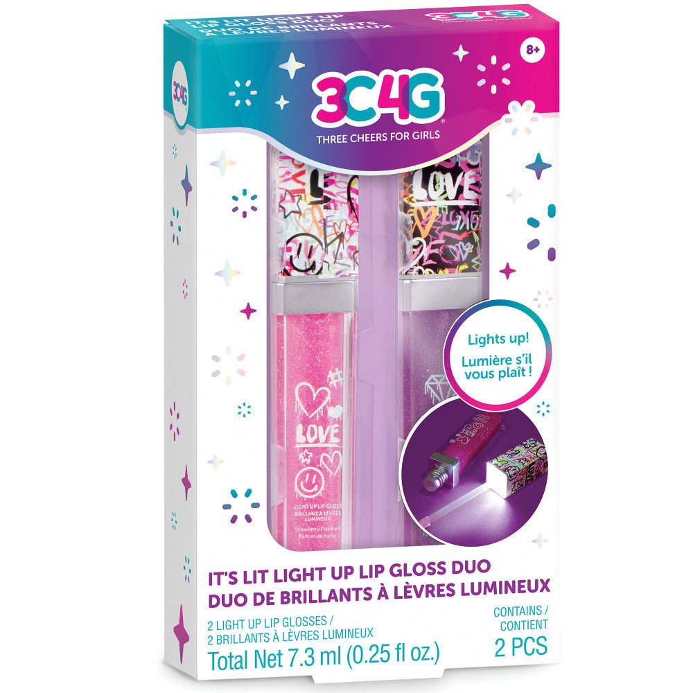 3C4G Graffiti It's Lit Light Up Lip Gloss Duo - Pink & Lavender Shimmer Lip Gloss Set for Parties, Raves & Night Out Makeup
