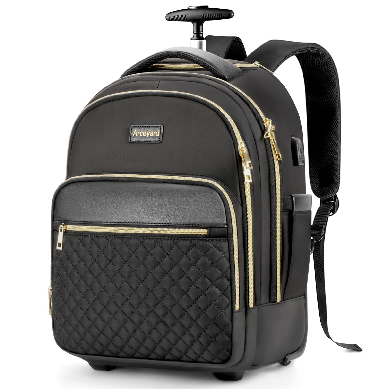Lightweight Rolling Backpack for Women - Water Resistant Wheeled Laptop Bag with Underseat Carry-On Design (Black Gold) | Perfect for Business Travel, College Commute & Airplane Use