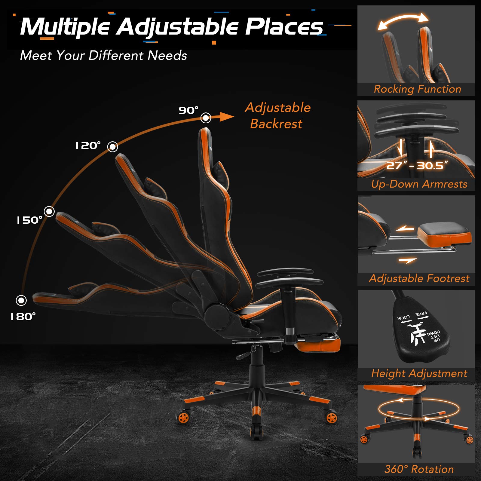 Goplus Ergonomic Gaming Chair - High Back PU Leather Adjustable Office Chair with Massage & Footrest, Reclining PC Racing Game Chair for Home & Office (Orange) - Perfect for Gamers, Streamers & Remote Workers