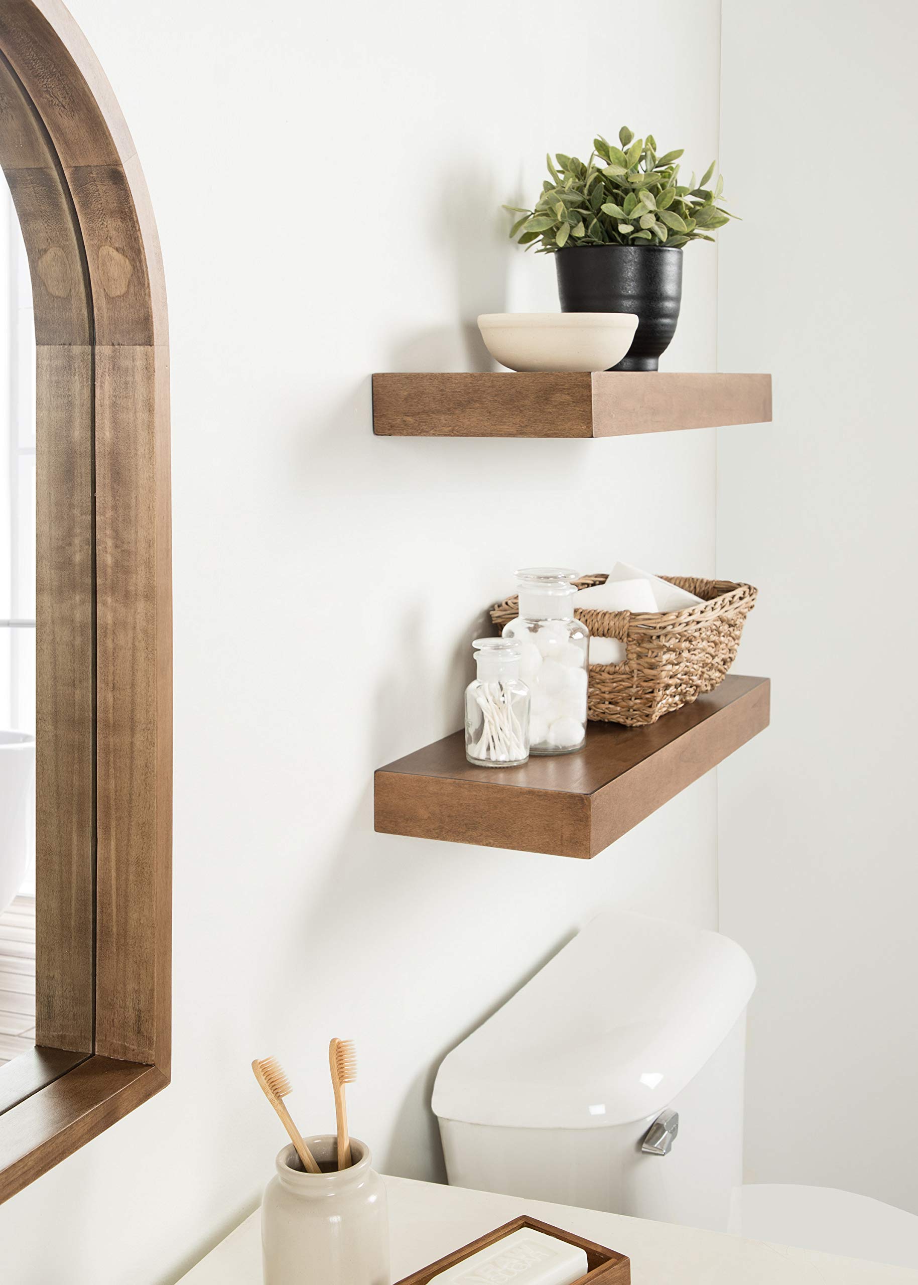 Kate and Laurel Havlock Modern Floating Shelves - Set of 2, Rustic Brown Wood Wall Shelves for Farmhouse Decor, Living Room Storage & Display | Perfect for Books, Photos, Plants and Home Organization