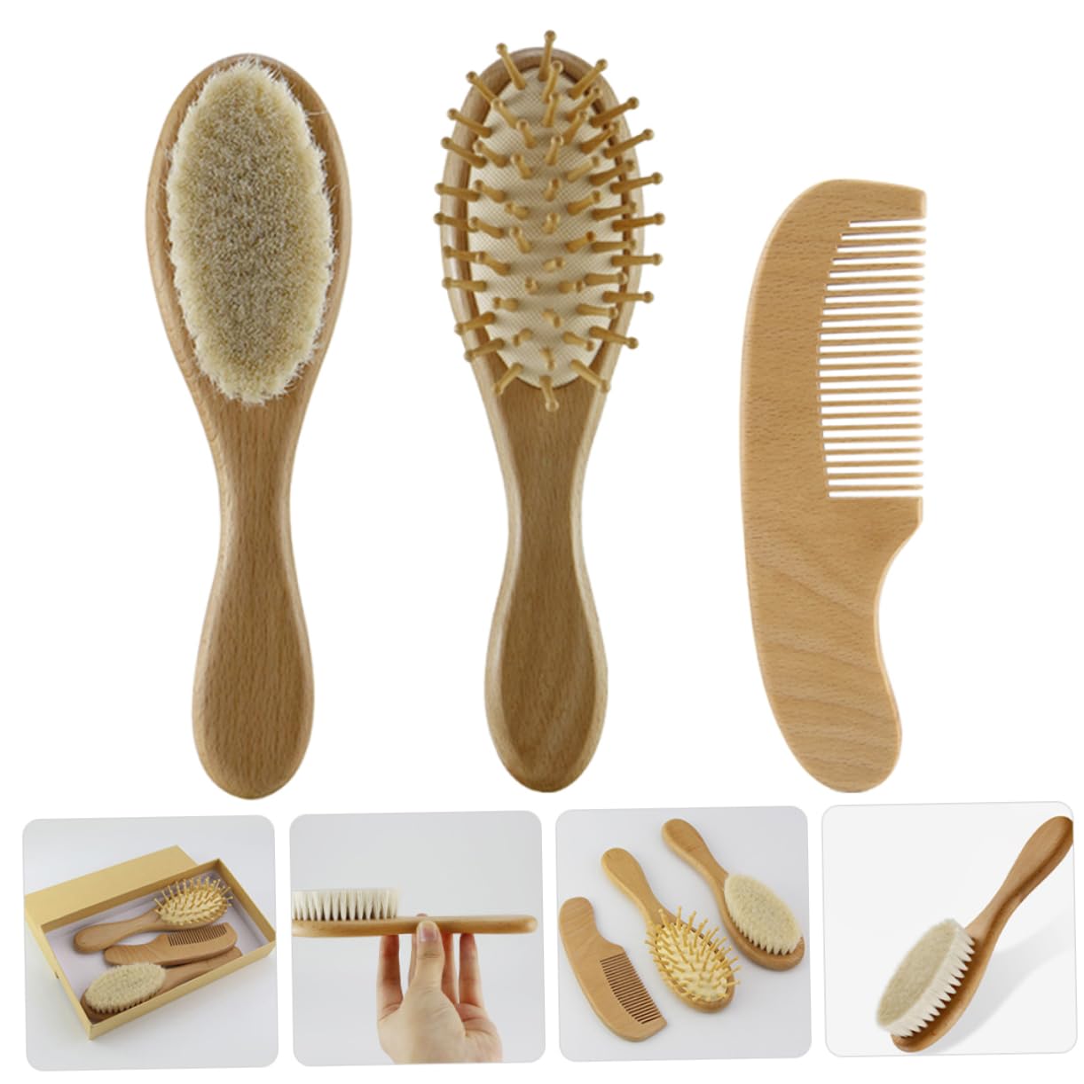 KOMBIUDA Baby Hair Brush & Comb Set - Soft Wool Brush & Natural Wooden Comb for Newborn Scalp Care - Gentle & Easy to Hold - Perfect for Daily Baby Hair Care & Newborn Grooming Routine
