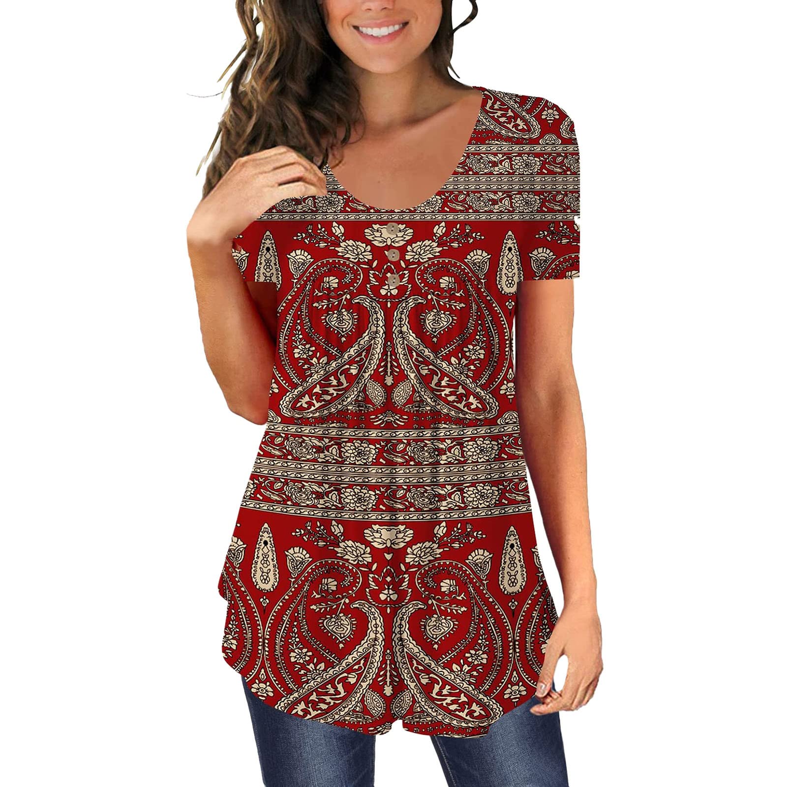 Boho Women's Summer Casual Short Sleeve Tunic Top with Button Print - Flowy Tee Shirt for Beach, Festival & Everyday Wear