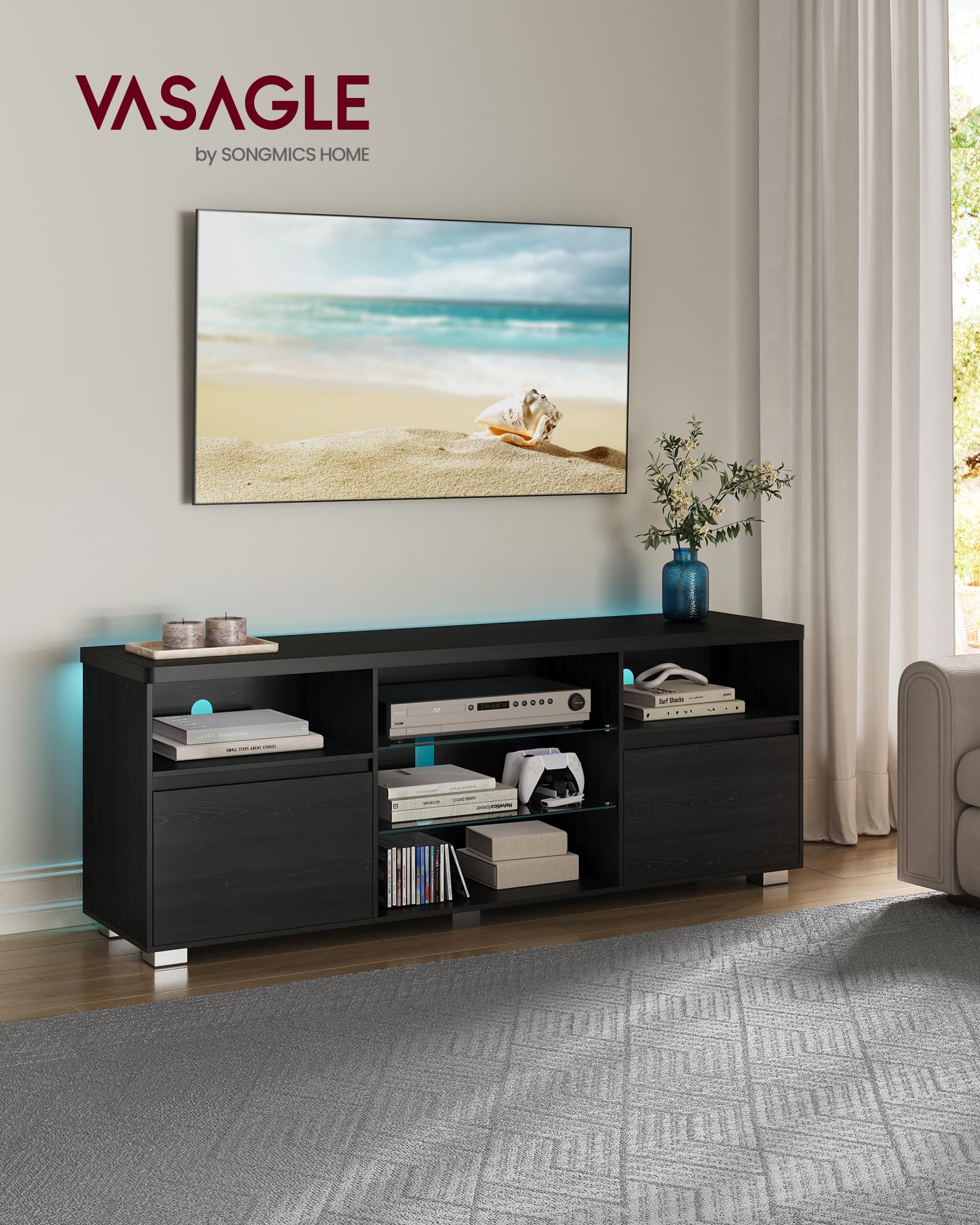 VASAGLE 63-Inch TV Stand with LED Lights for 70 Inch TVs, Modern Entertainment Center with Open Glass Shelves & 2 Storage Cabinets - Black ULTV330T21 | Perfect for Living Room, Bedroom & Home Theater Setup