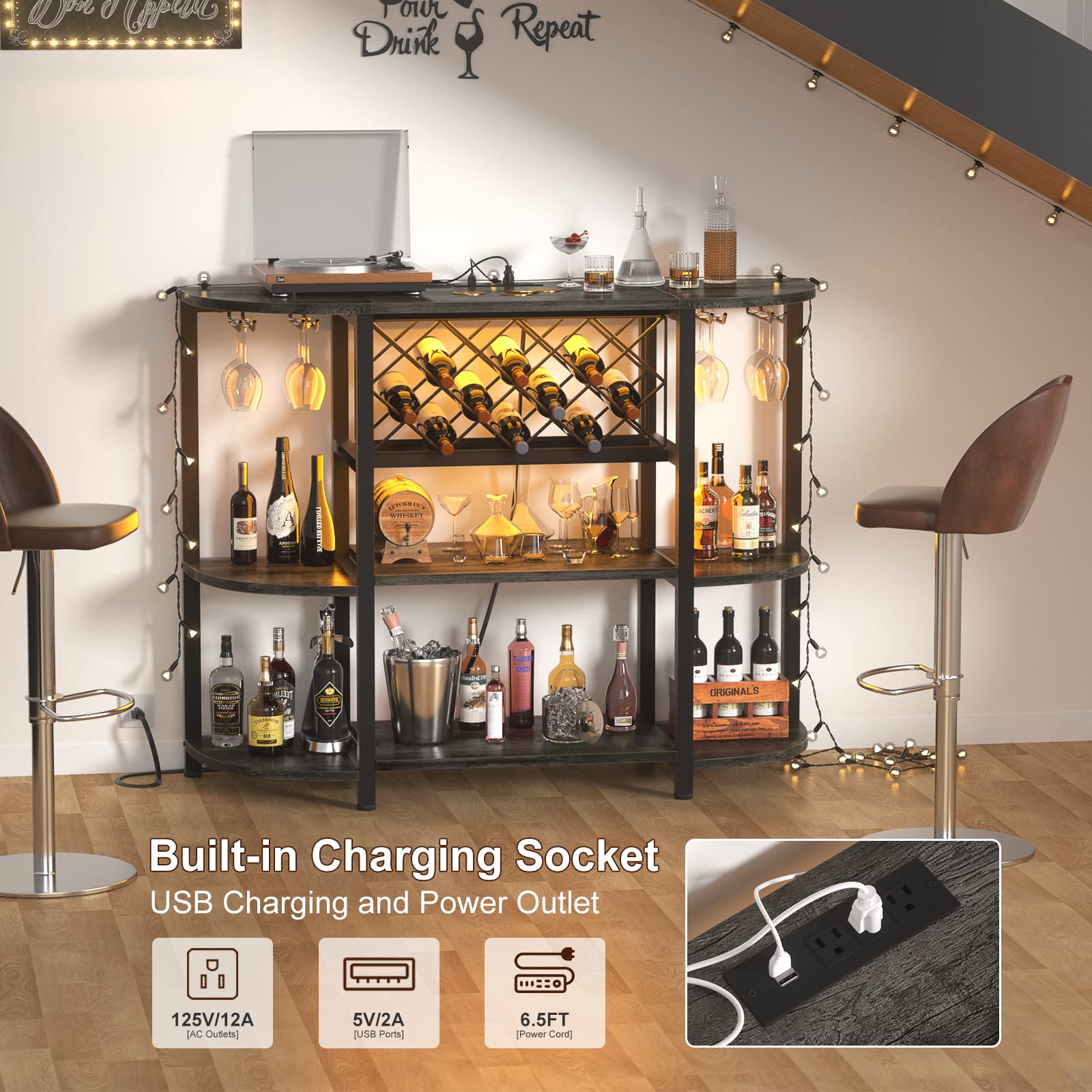 Unikito 4-Tier Metal Coffee Bar Cabinet with Power Outlet & LED Lights - Freestanding Floor Bar Table with Glass Holder & Wine Rack Storage - Gray Oak Kitchen Bar Cart for Coffee, Wine & Liquor Organization - Perfect for Dining Room, Kitchen or Home Bar Setup