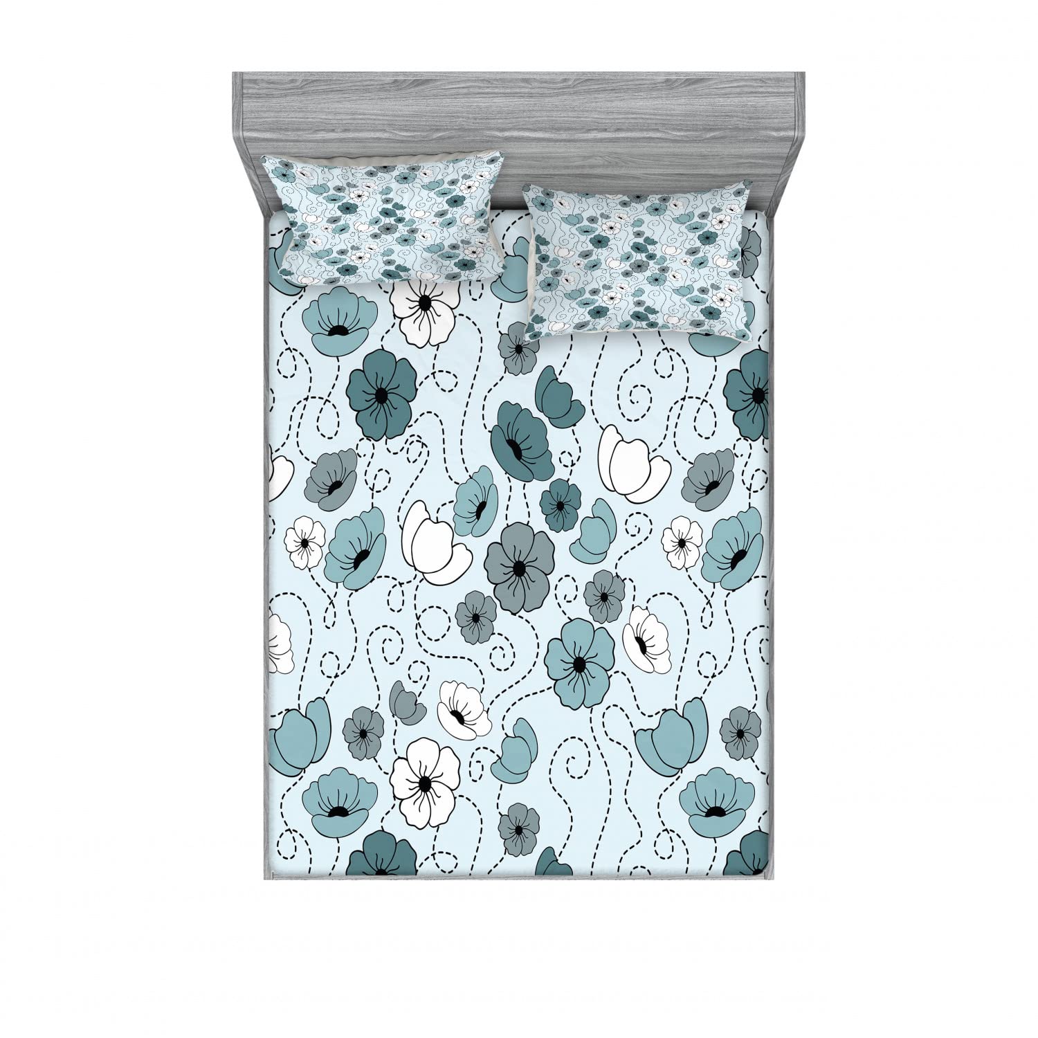 Ambesonne Floral 2-Piece Full Size Bedding Set - 2 Fitted Sheets & 4 Pillow Shams, Doodle Floral Botany Design in Grey Blue White | Soft Wrinkle-Resistant Fabric for Guest Rooms, Dorms & Vacation Homes