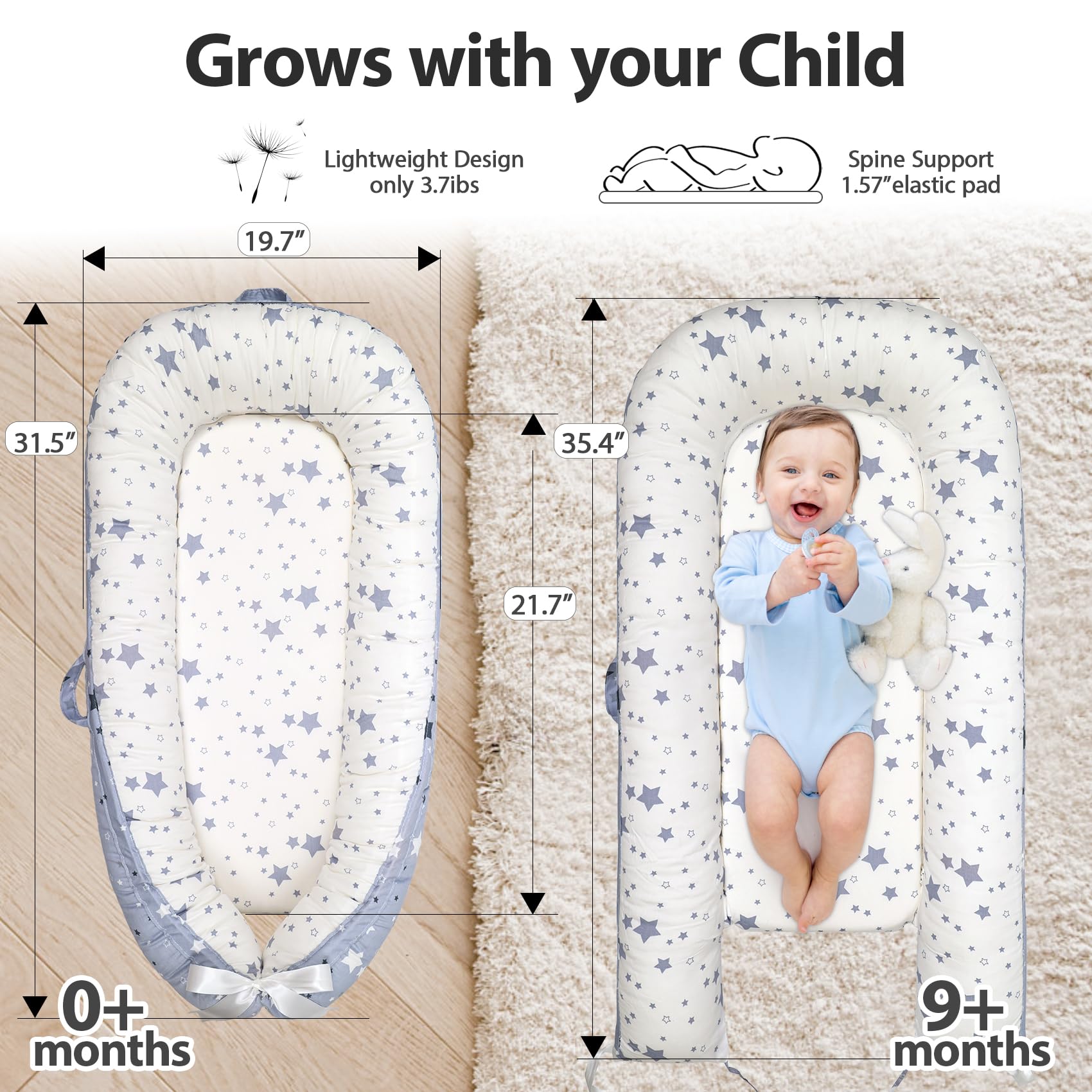 Premium Baby Lounger - Adjustable & Portable Infant Snuggle Lounger with Classic Star Design - Perfect for Newborns, Napping, Playtime & Baby Shower Gifts