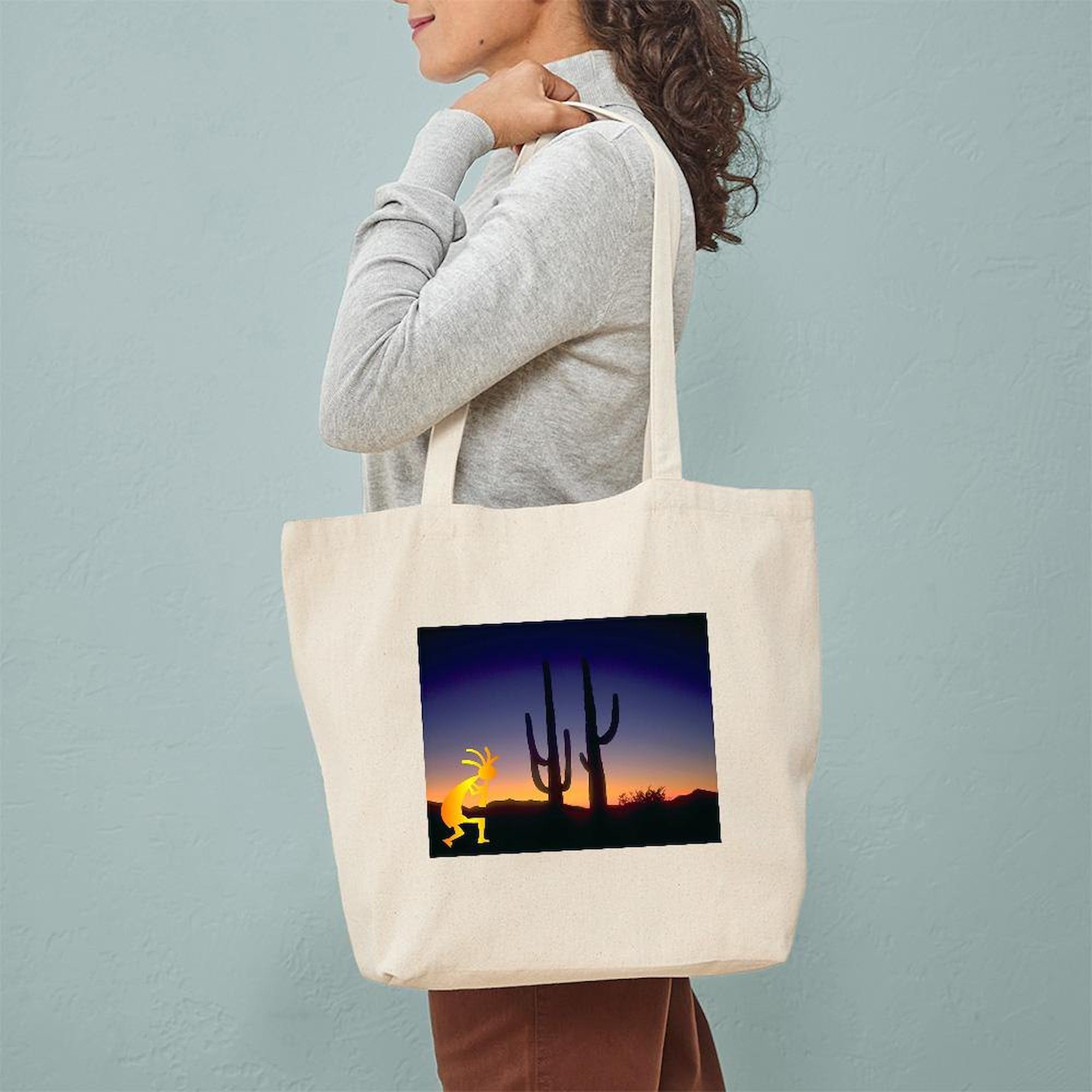 Cactus and Kokopelli Canvas Tote Bag - Natural Reusable Shopping Bag for Groceries, Beach, Work & Eco-Friendly Lifestyle