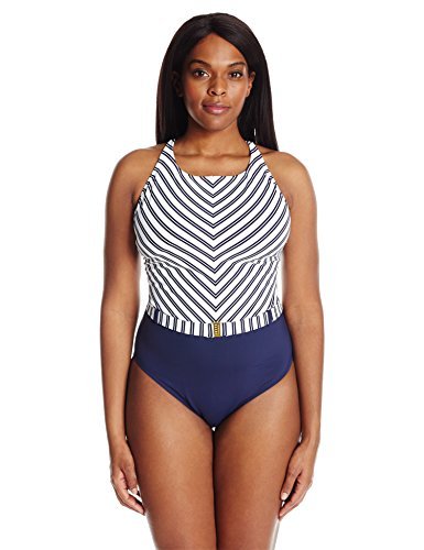 Bleu Rod Beattie Women's Plus Size Striped High Neck Cross Back One Piece Swimsuit | Tummy Control Bathing Suit for Beach, Pool & Vacation | Flattering Swimwear for Curvy Women