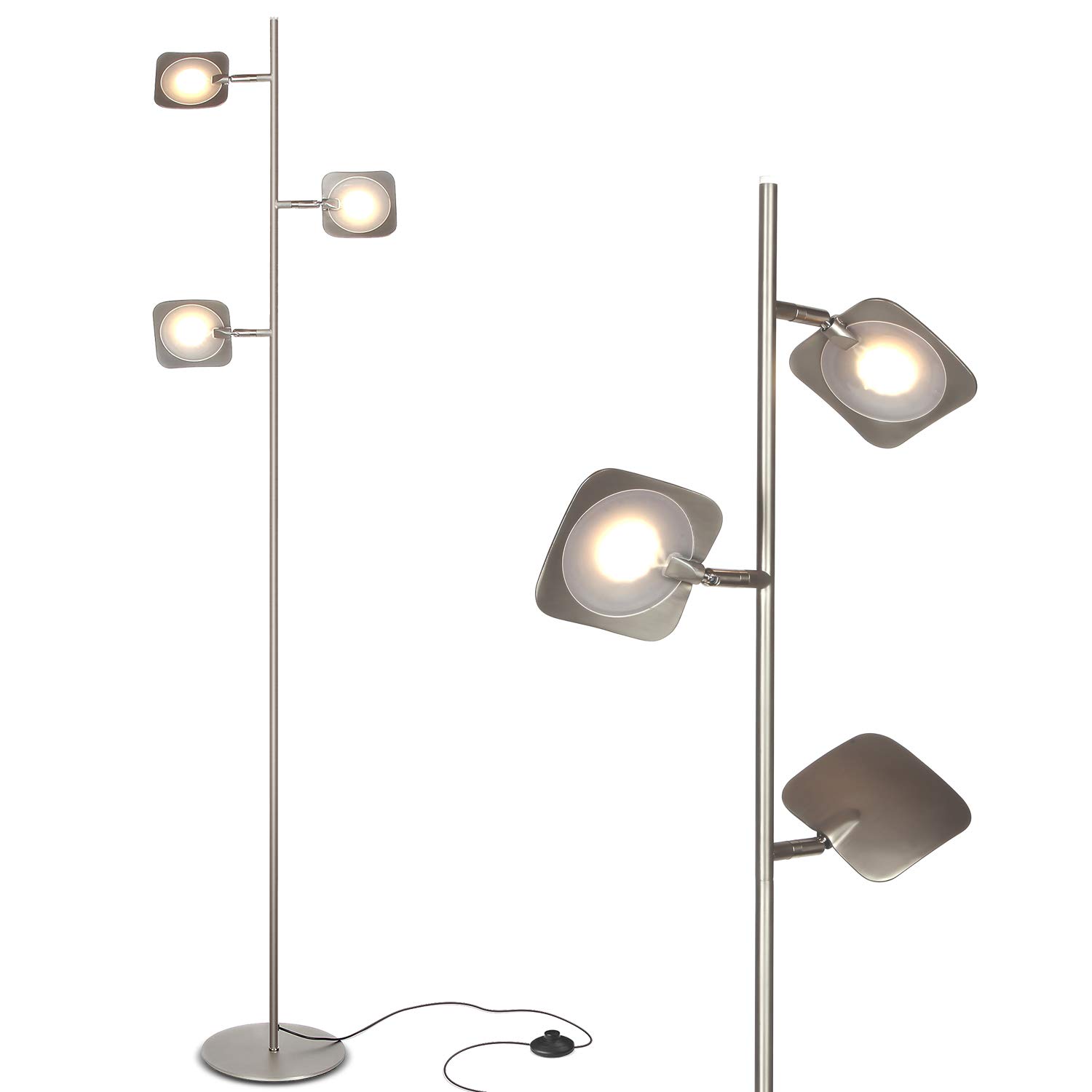 Brightech Adjustable LED Floor Lamp - Dimmable Standing Light for Living Room, Bedroom & Office, Modern Tree Design with Spotlight Panels, Space-Saving Tall Lamp in Satin Nickel Finish | Perfect for Reading, Working & Home Decor
