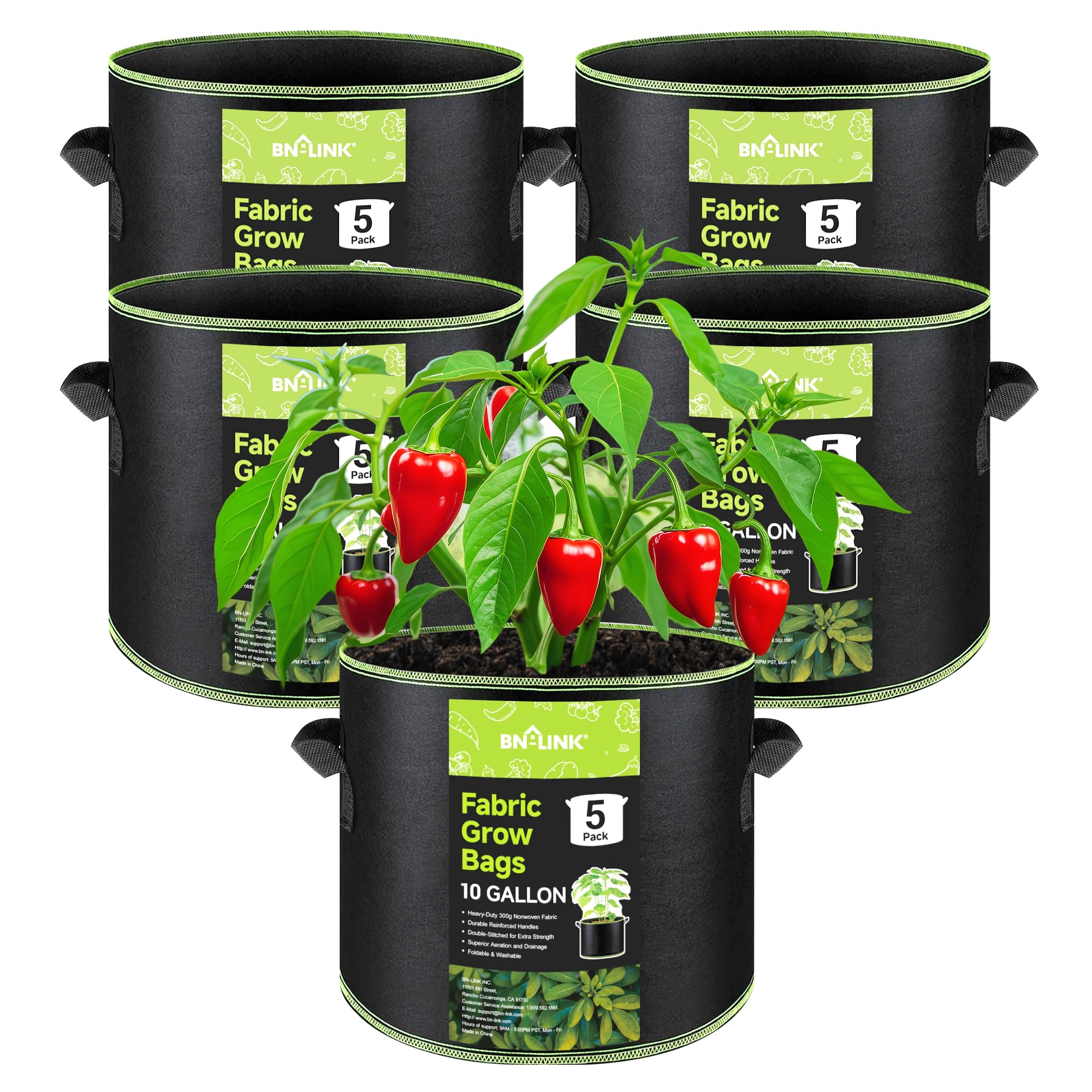 BN-LINK 5-Pack 10 Gallon Heavy Duty Aeration Fabric Grow Bags with Handles - Thickened Nonwoven Plant Pots for Vegetables, Flowers, Fruits - Ideal for Indoor/Outdoor Gardening, Raised Beds & Container Planting