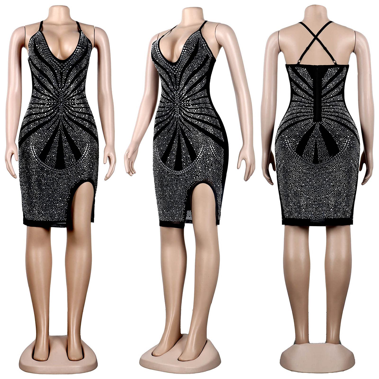 WOKANSE Women's Rhinestone Bodycon Dress - Sexy Mesh Sheer Clubwear for Night Out, Party, and Evening Events | Perfect for Nightclubs, Cocktail Parties, and Date Nights