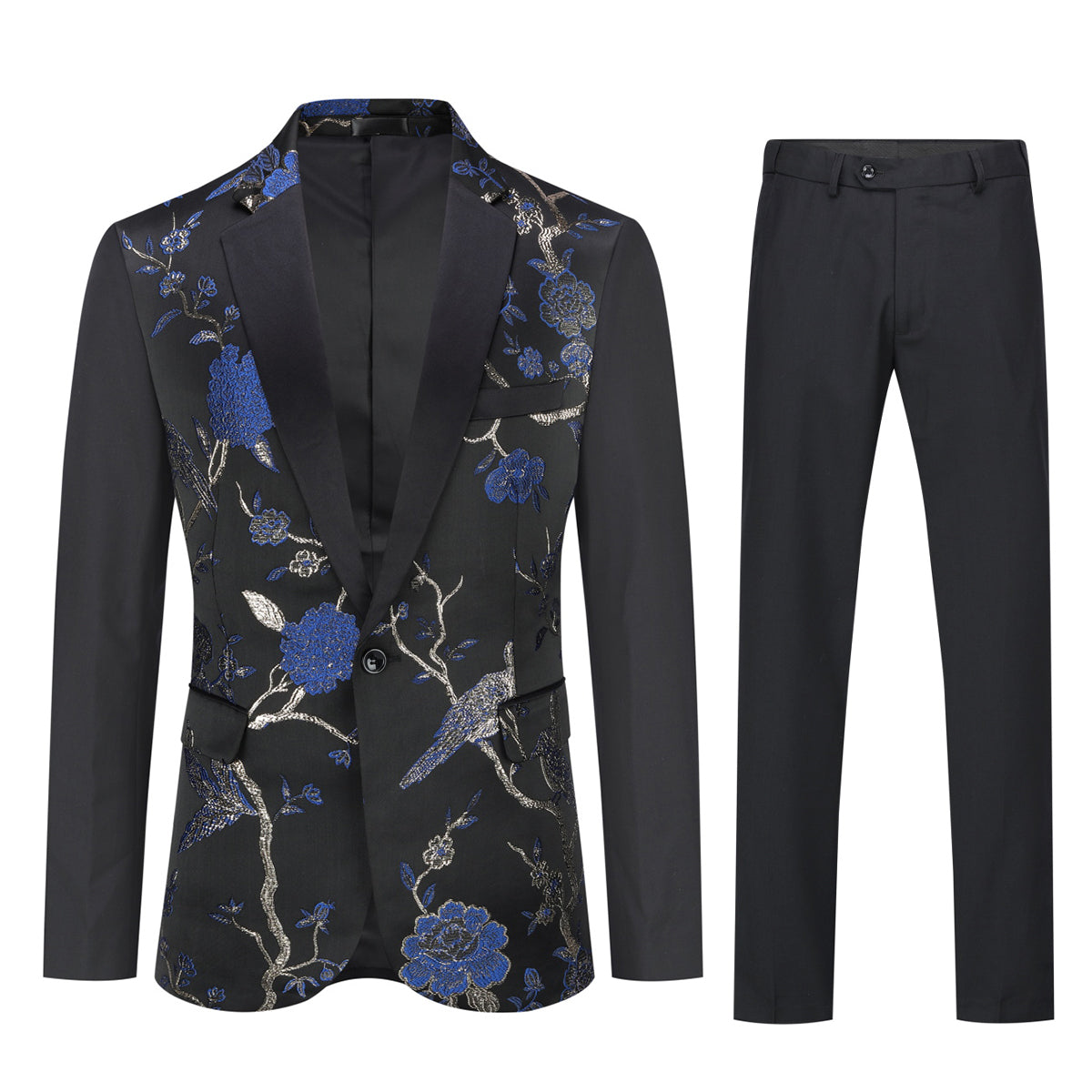 2 Piece Slim Fit Embroidered Blue Floral Suit for Men - Formal Wedding & Business Attire - Lightweight Summer Office Suit Set